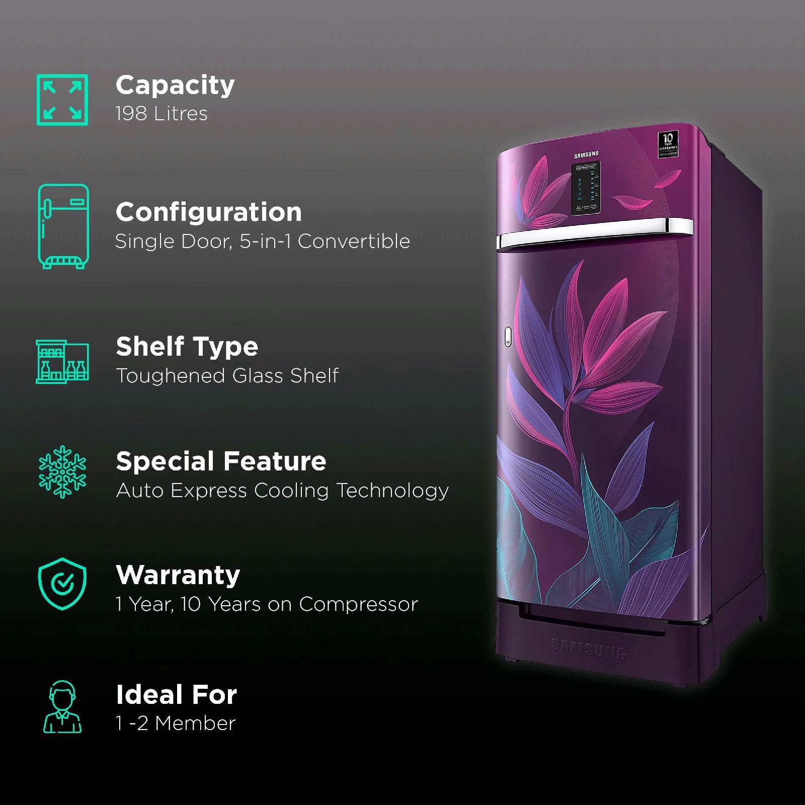 SAMSUNG Digi-Touch Cool 198 Litres 4 Star Direct Cool Single Door Refrigerator with Base Stand Drawer (RR21A2F2X9R/HL, Paradise Bloom Purple)_2