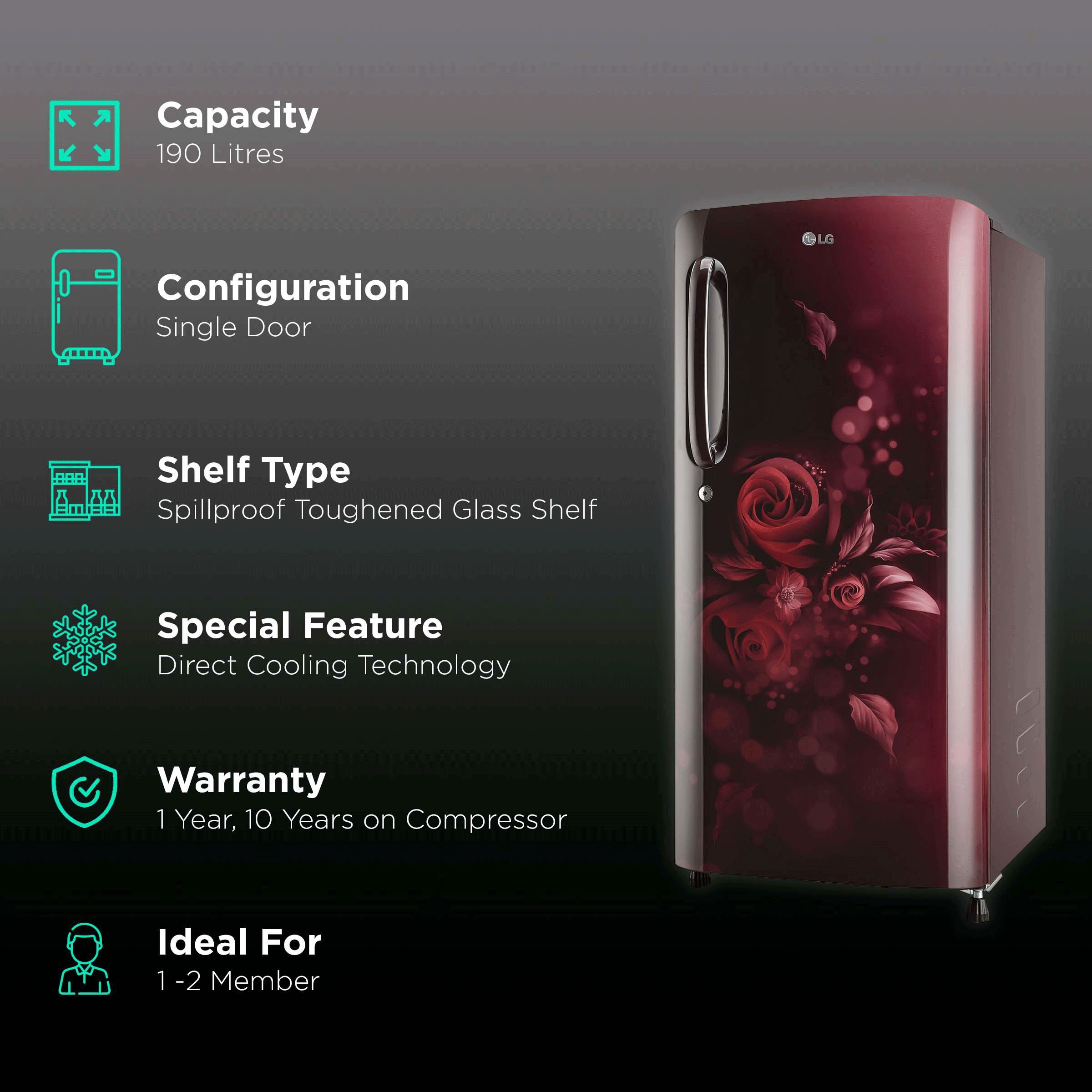 LG 190 Litres 3 Star Direct Cool Single Door Refrigerator with Stabilizer Free Operation (GL-B201ASED.ASEZEB, Scarlet Euphoria)_2