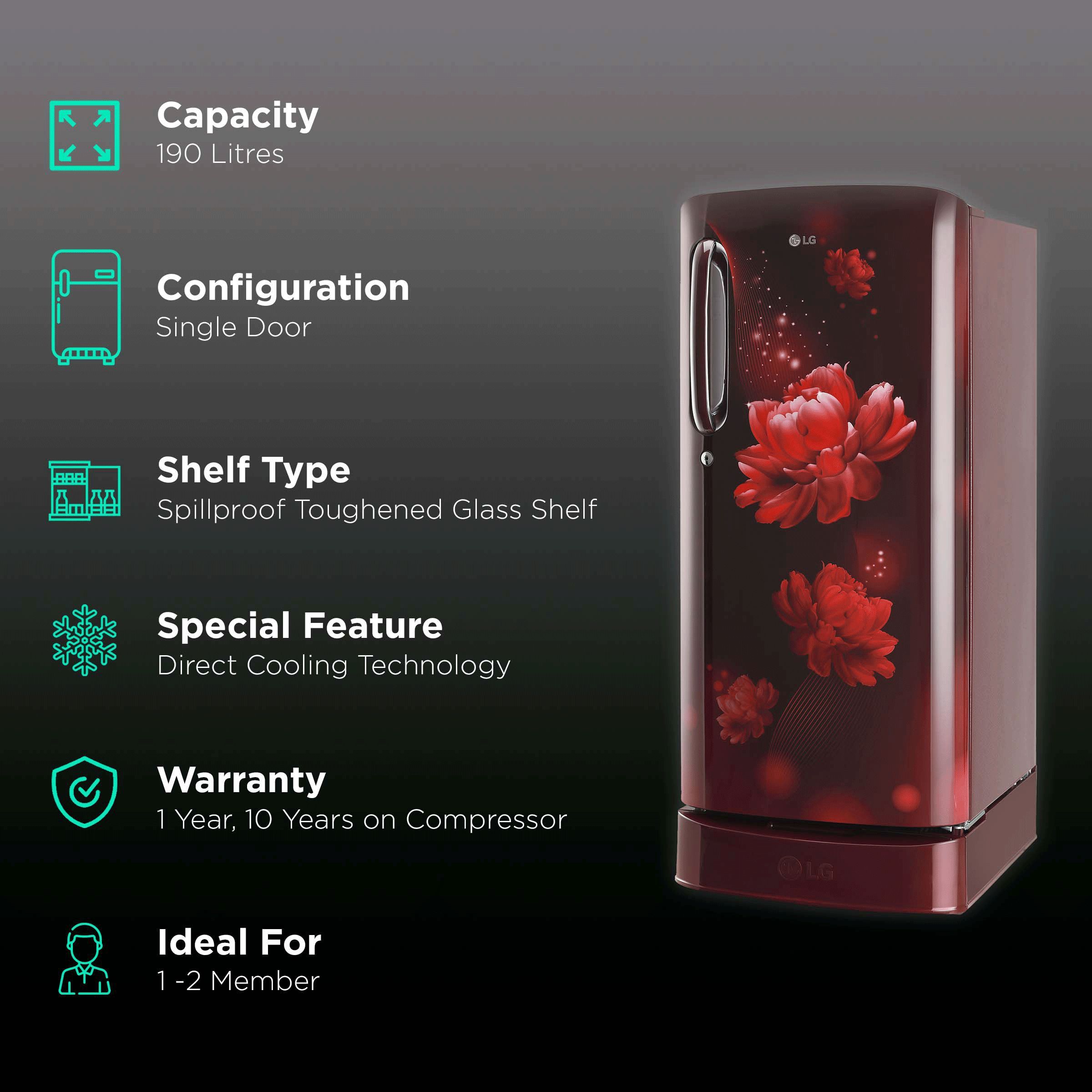 LG 185 Litres 3 Star Direct Cool Single Door Refrigerator with Stabilizer Free Operation (GL-D201ASCD.BSCZEB, Scarlet Charm)_2