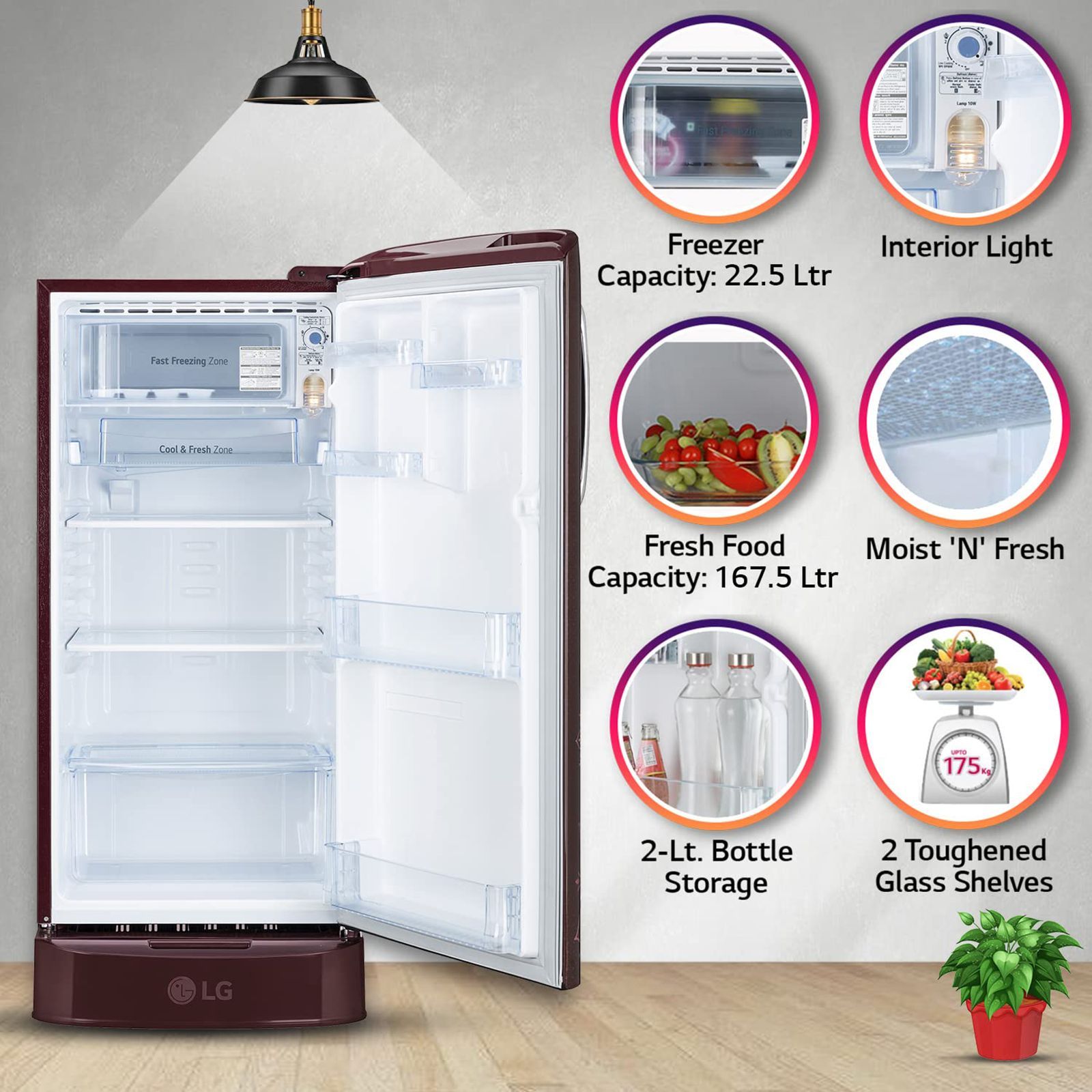 LG 185 Litres 3 Star Direct Cool Single Door Refrigerator with Stabilizer Free Operation (GL-D201ARRD.BRRZEB, Ruby Regal)_12