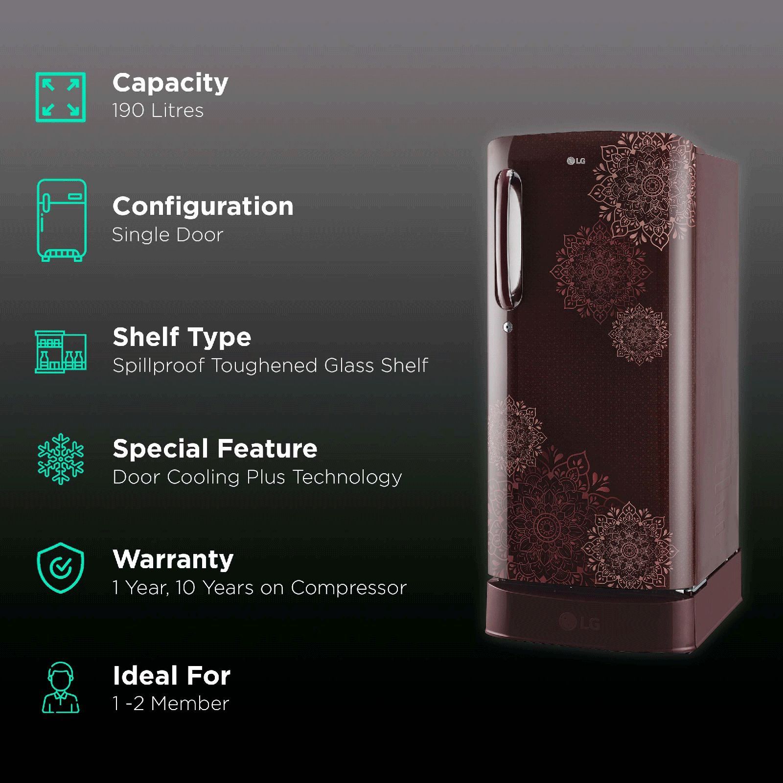 LG 185 Litres 3 Star Direct Cool Single Door Refrigerator with Stabilizer Free Operation (GL-D201ARRD.BRRZEB, Ruby Regal)_2