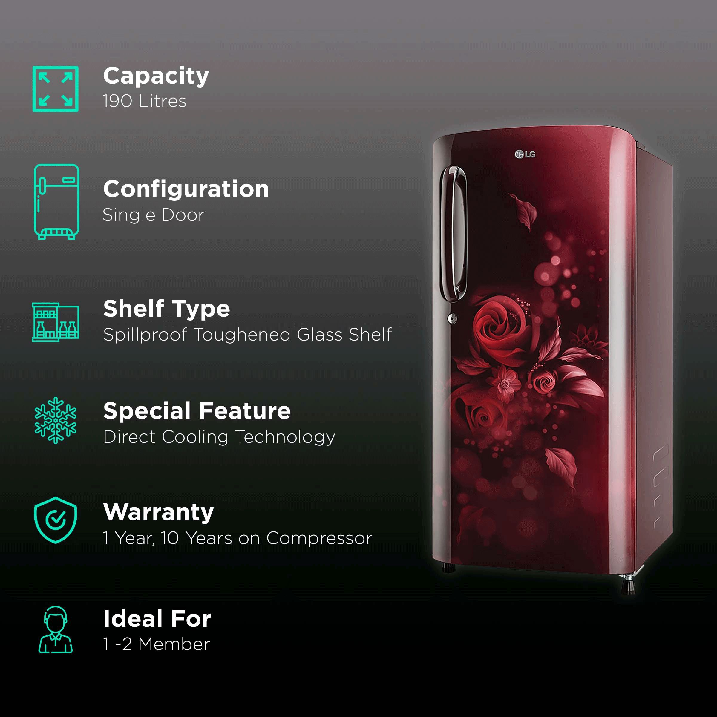 LG 190 Litres 5 Star Direct Cool Single Door Refrigerator with Stabilizer Free Operation (GL-B201ASEZ.BSEZEB, Scarlet Euphoria)_2