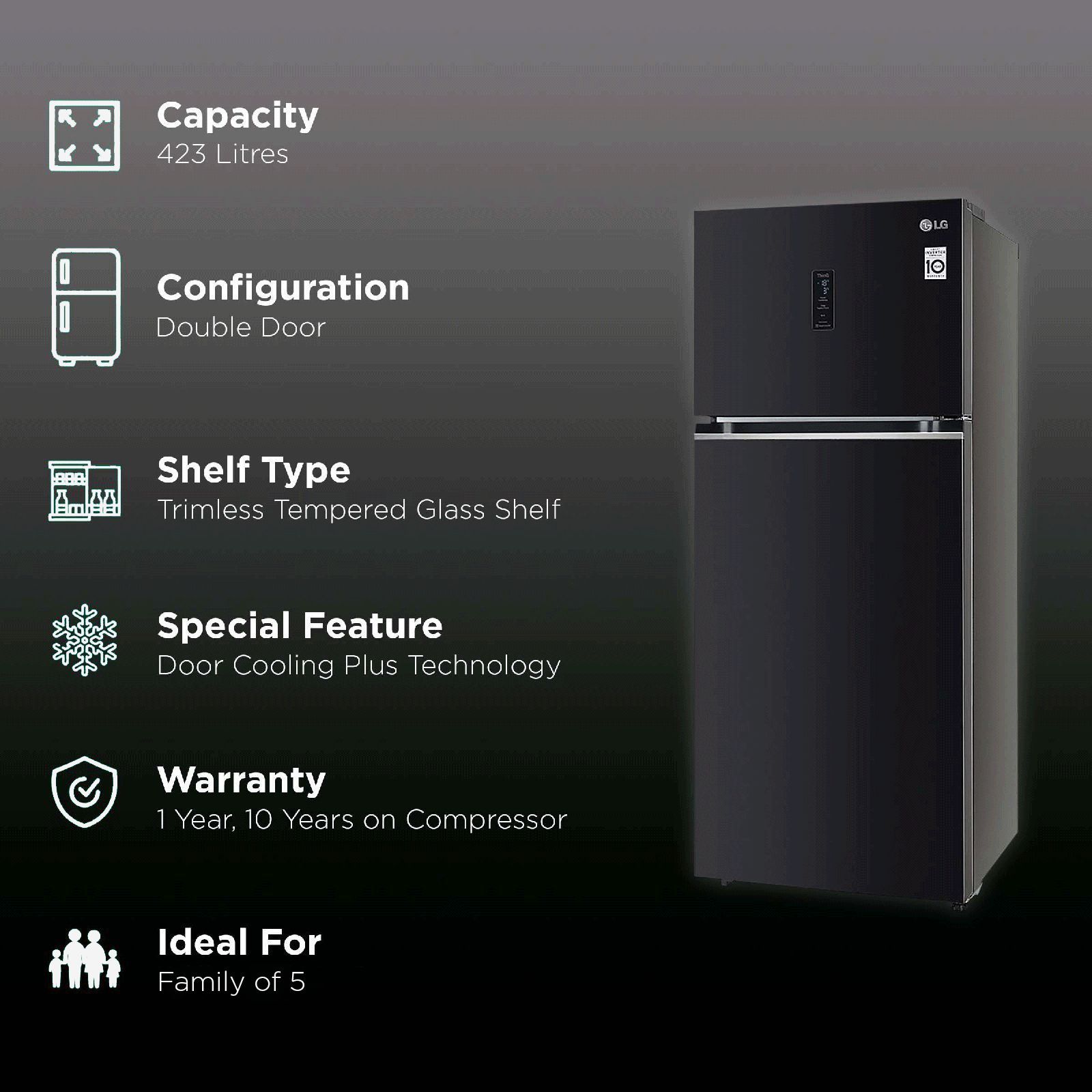 LG 398 Litres 3 Star Frost Free Double Door Smart Wi-Fi Enabled Convertible Refrigerator with Fresh O Zone (GL-T422VESX.DESZEB, Ebony Sheen) LG 398 Litres 3 Star Frost Free Double Door Smart Wi-Fi Enabled Convertible Refrigerator with Fresh O Zone (GL-T422VESX.DESZEB, Ebony Sheen)_2