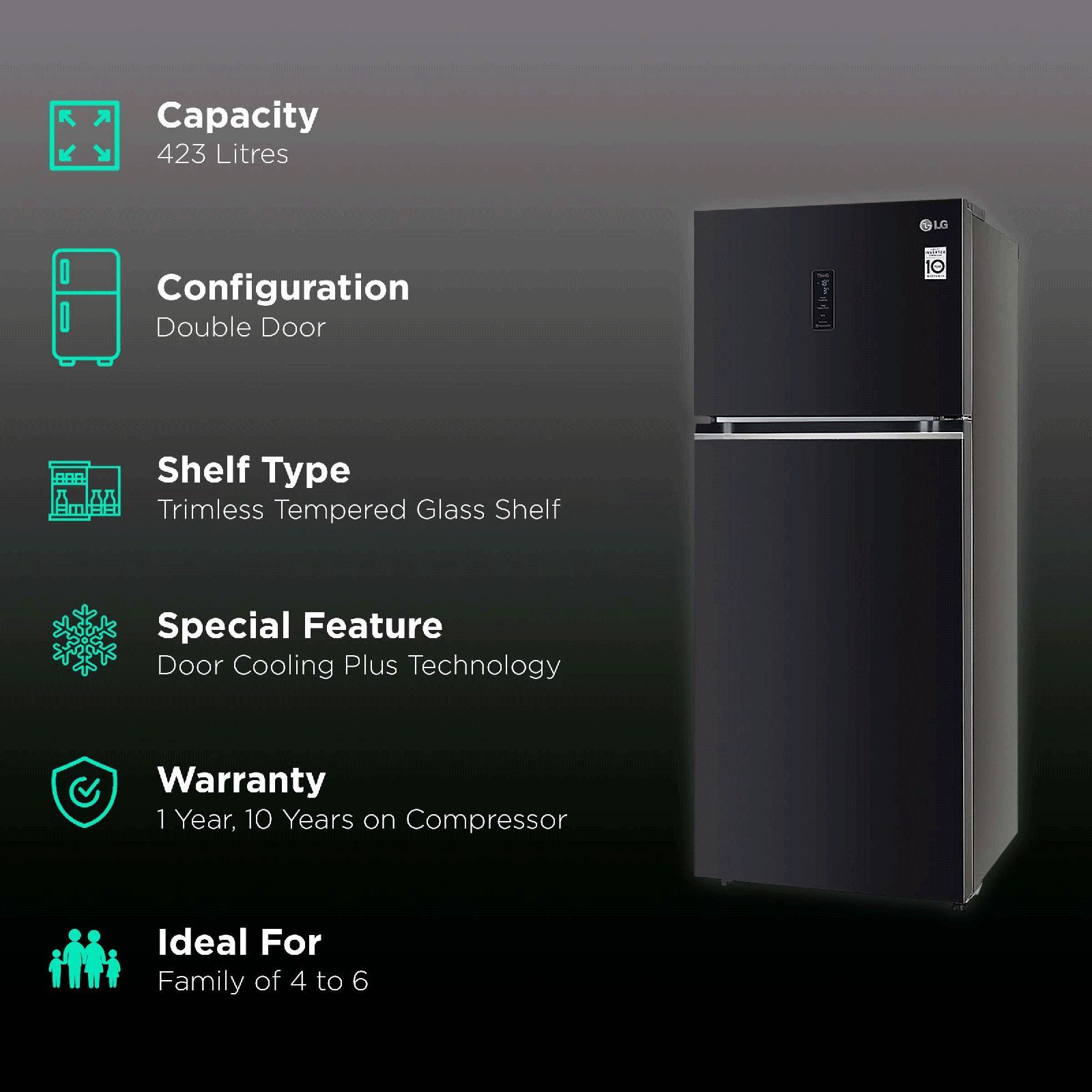 LG 398 Litres 3 Star Frost Free Double Door Smart Wi-Fi Enabled Convertible Refrigerator with Fresh O Zone (GL-T422VESX.DESZEB, Ebony Sheen)_2