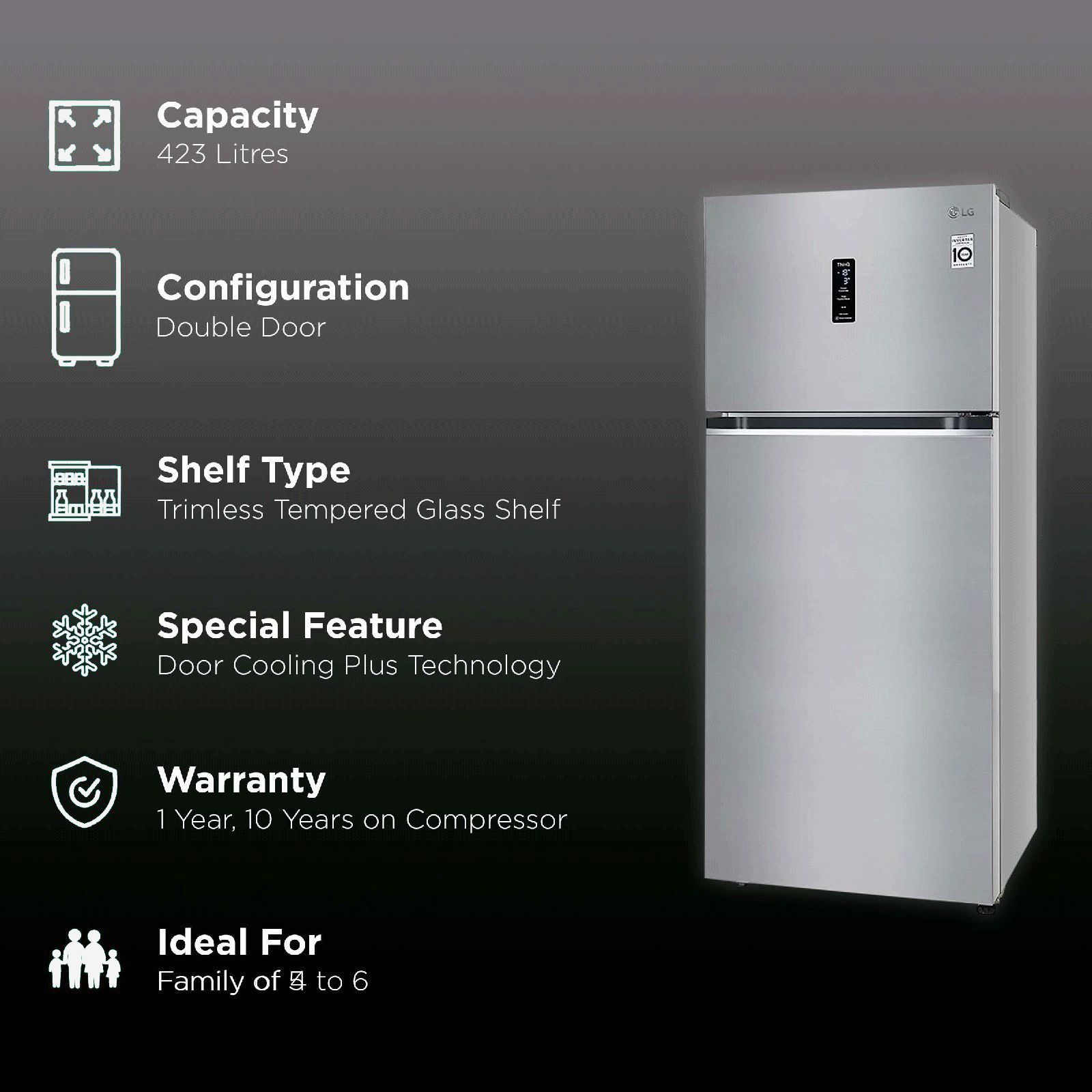 LG 398 Litres 3 Star Frost Free Double Door Smart Wi-Fi Enabled Refrigerator with Fresh O Zone (GL-T422VPZX.DPZZEB, Shiny Steel)_2
