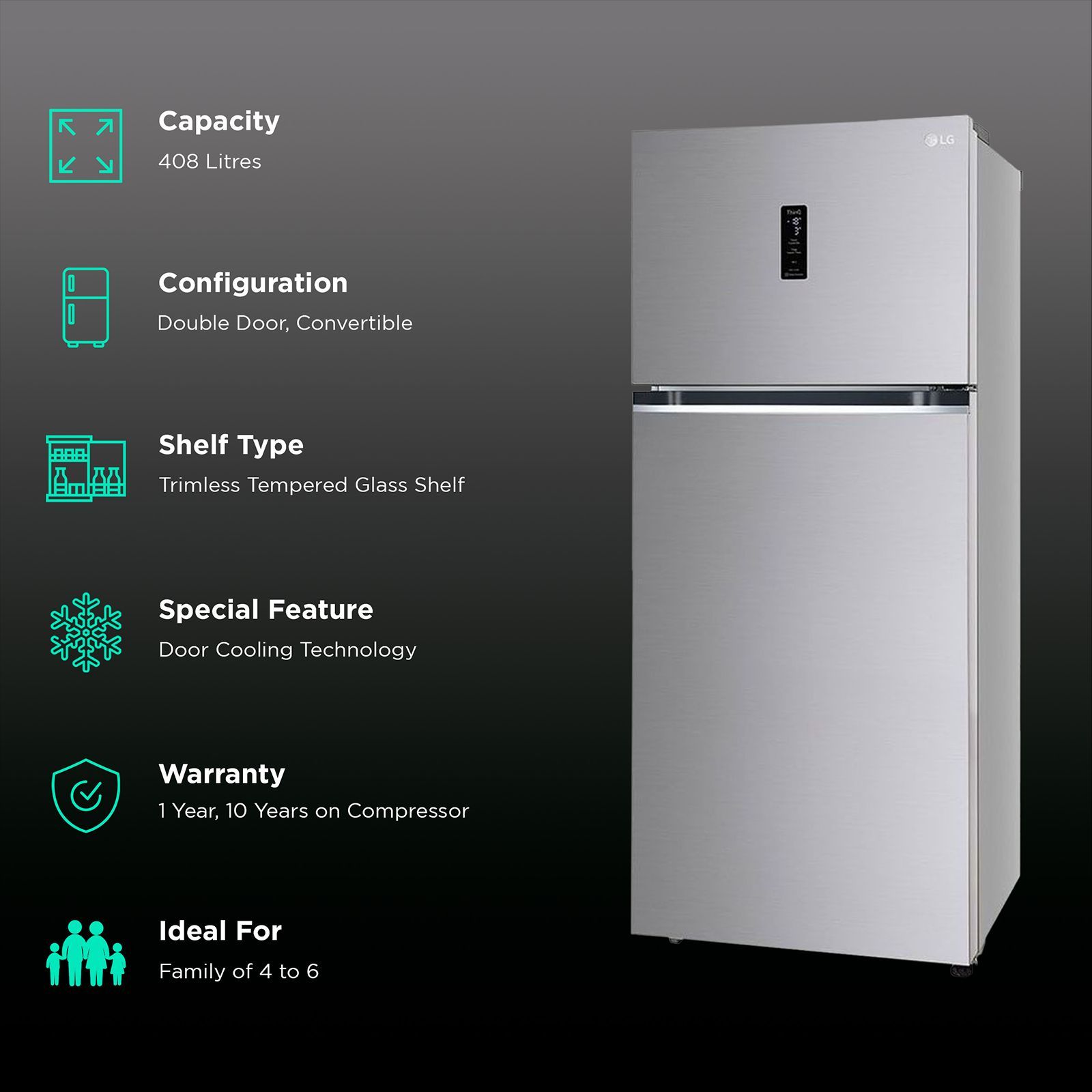 LG 408 Litres 3 Star Frost Free Double Door Smart Wi-Fi Enabled Refrigerator with Multi Air Flow System (GL-T412VPZX.DPZZEB, Shiny Steel)_2