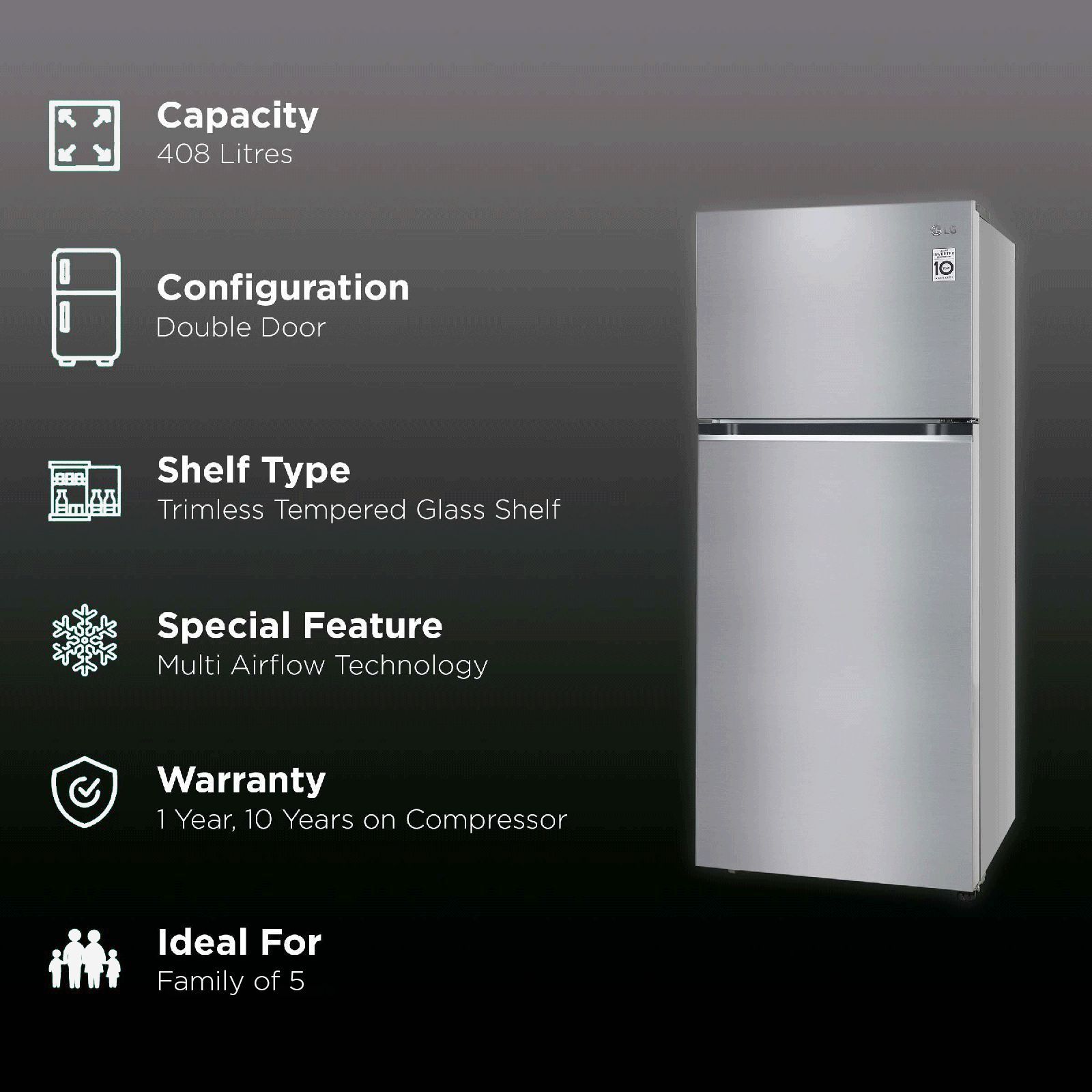 LG 380 Litres 2 Star Frost Free Double Door Convertible Refrigerator with Smart Diagnosis (GL-S412SPZY.DPZZEB, Shiny Steel)_2