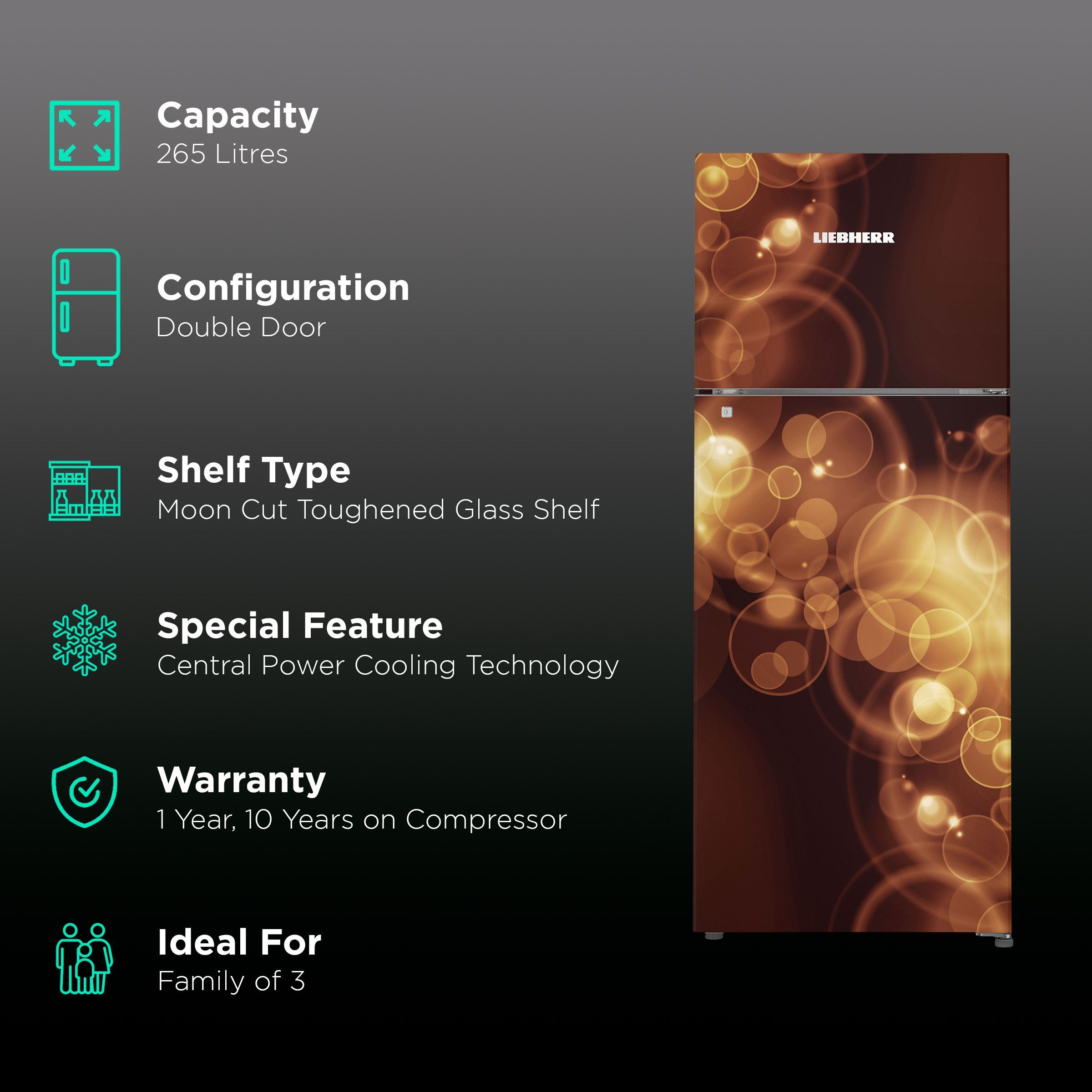LIEBHERR 265 Litres 3 Star Frost Free Double Door Refrigerator with Central Power Cooling (TCBB 2640, Brown Bubble)_2