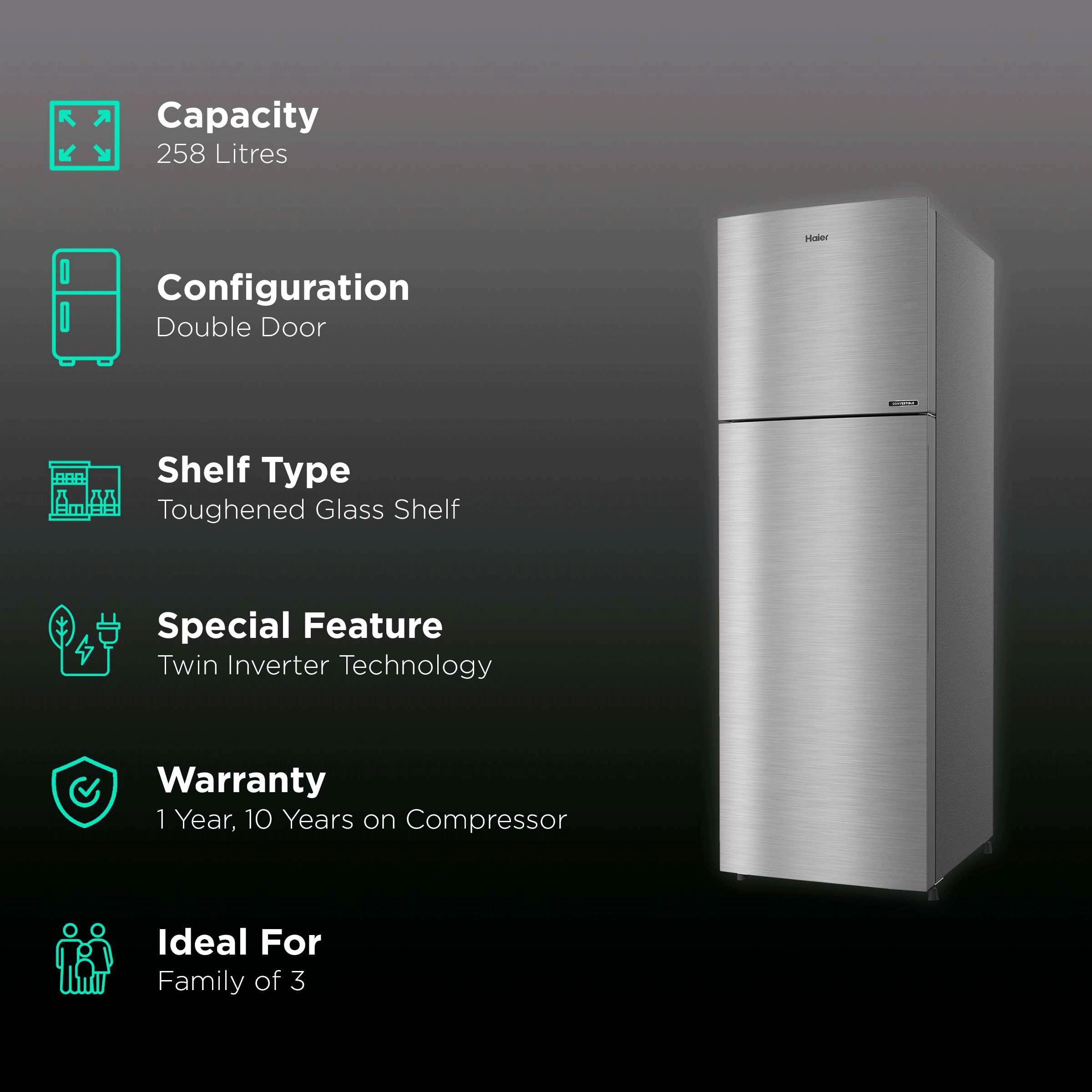 Haier 240 Litres 3 Star Frost Free Double Door Convertible Refrigerator with Multi Air Flow System (HRF-2784CIS-E, Inox Steel)_2