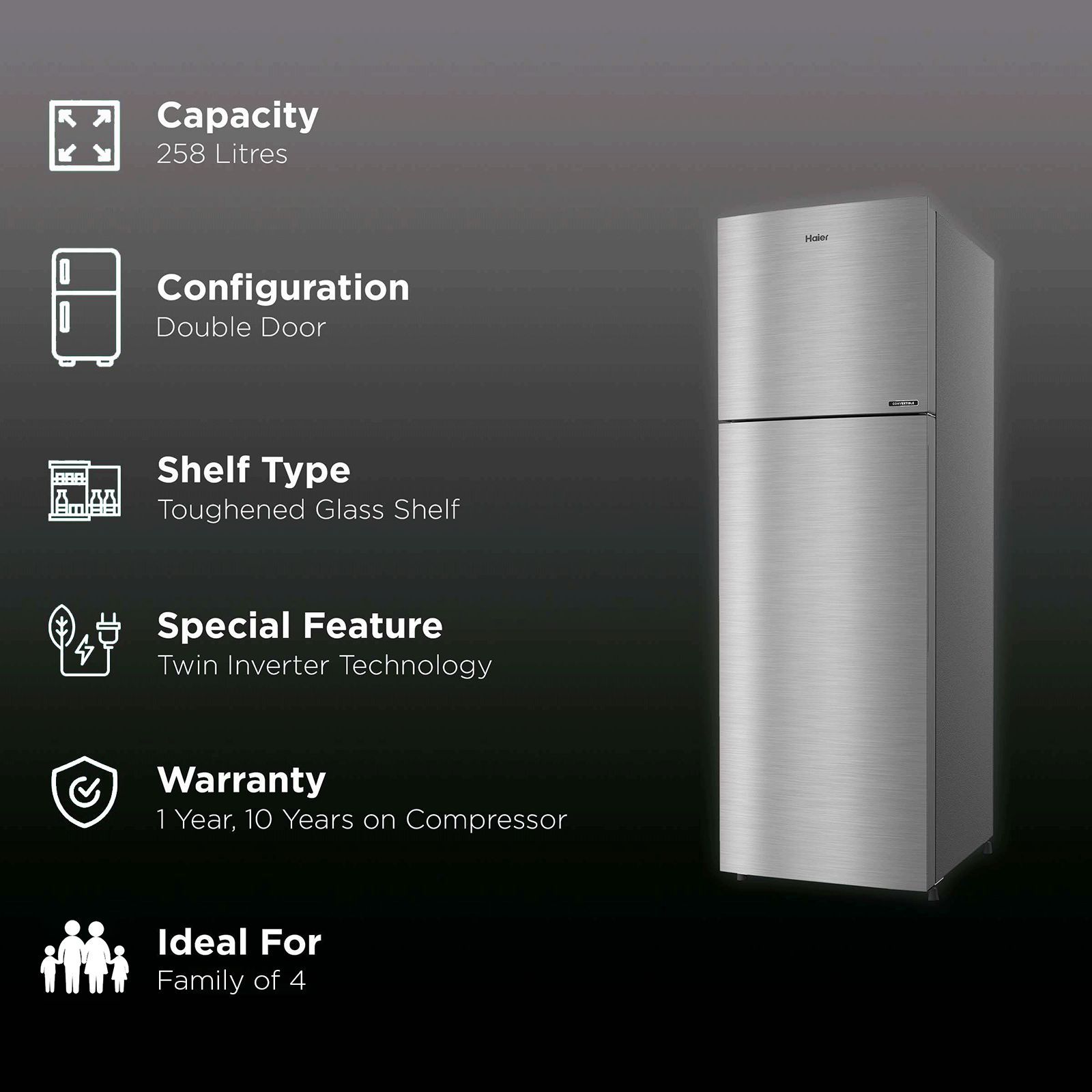 Haier 240 Litres 3 Star Frost Free Double Door Convertible Refrigerator with Multi Air Flow System (HRF-2784CIS-E, Inox Steel) Haier 240 Litres 3 Star Frost Free Double Door Convertible Refrigerator with Multi Air Flow System (HRF-2784CIS-E, Inox Steel)_2