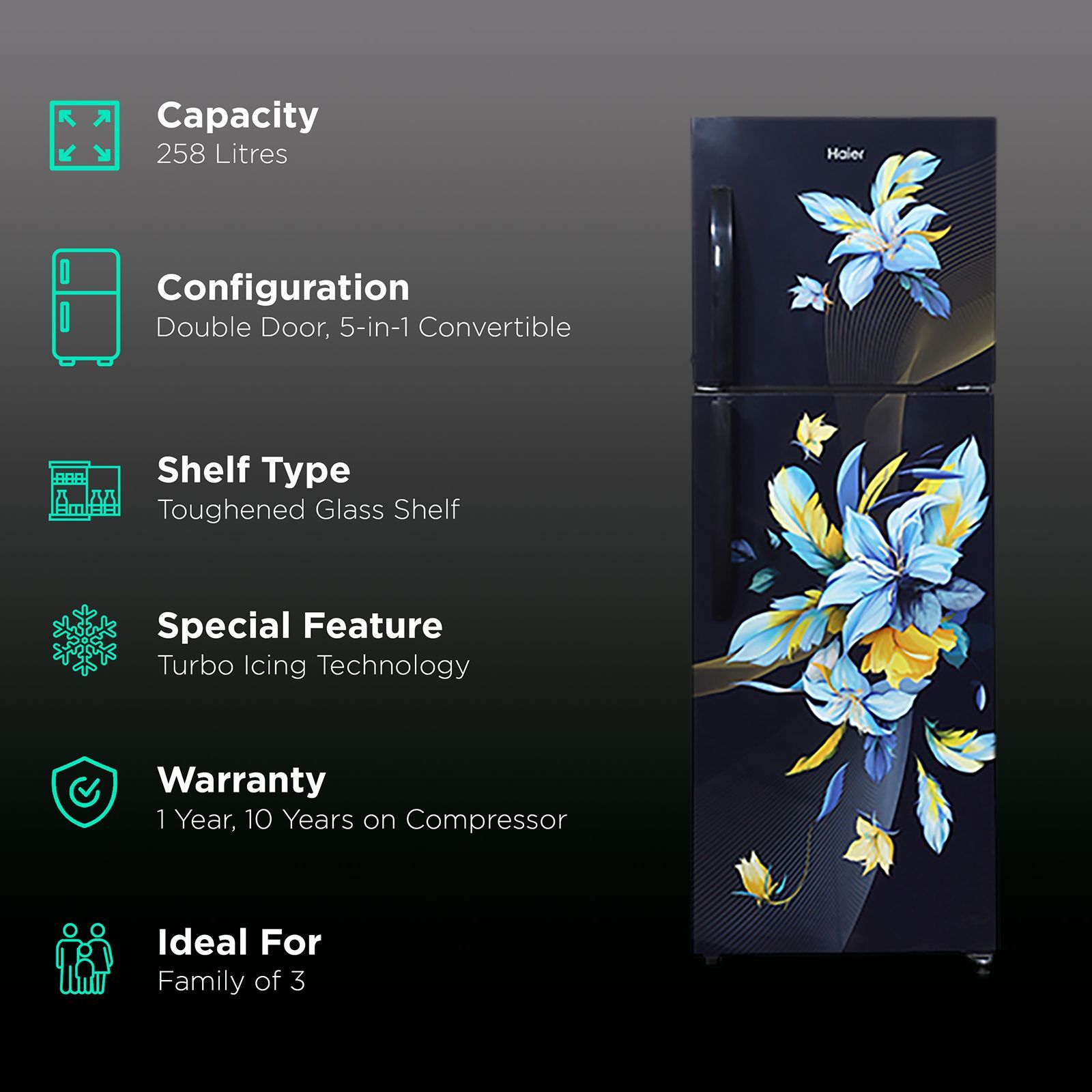 Haier 240 Litres 2 Star Frost Free Double Door Convertible Refrigerator with Turbo Cooling Technology (HRF-2783CKO-F, Black Opal) Haier 240 Litres 2 Star Frost Free Double Door Convertible Refrigerator with Turbo Cooling Technology (HRF-2783CKO-F, Black Opal)_2