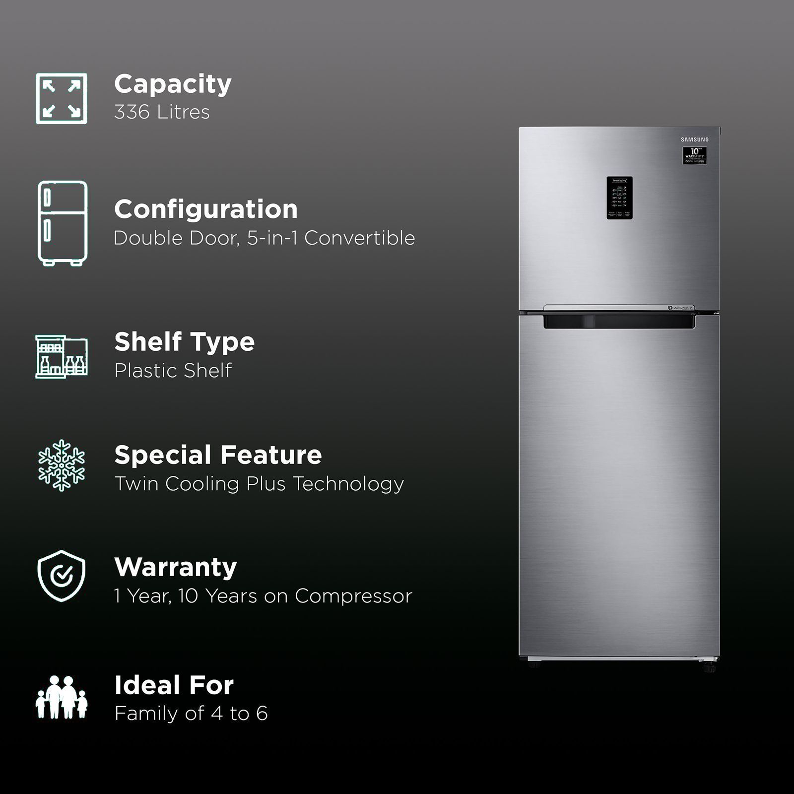 SAMSUNG 336 Litres 2 Star Frost Free Double Door Convertible Refrigerator with Curd Maestro (RT37A4632S9/HL, Refined Inox) SAMSUNG 336 Litres 2 Star Frost Free Double Door Convertible Refrigerator with Curd Maestro (RT37A4632S9/HL, Refined Inox)_2