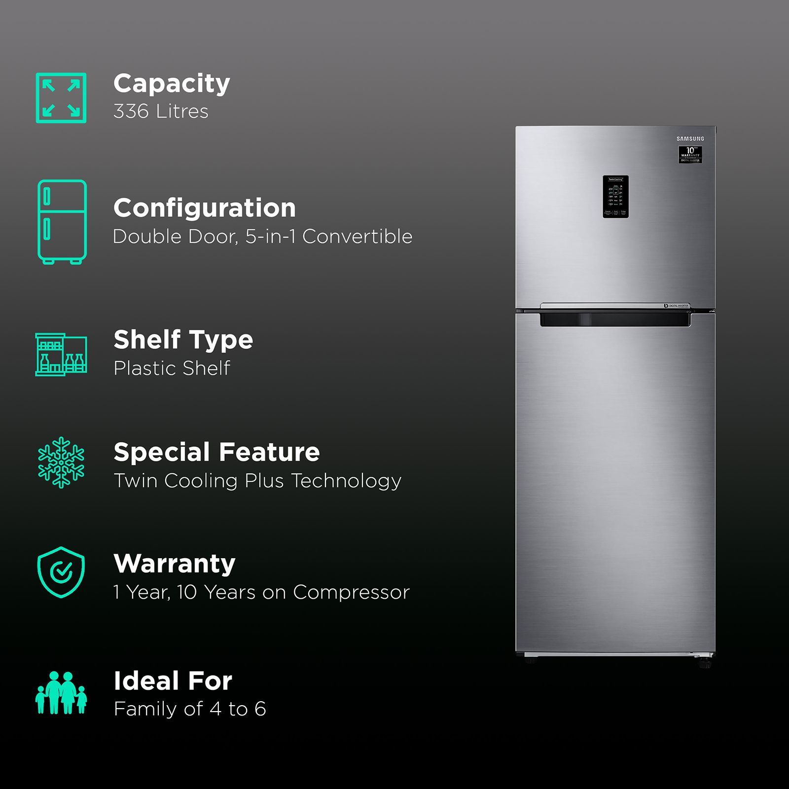 SAMSUNG 336 Litres 2 Star Frost Free Double Door Convertible Refrigerator with Curd Maestro (RT37A4632S9/HL, Refined Inox)_2