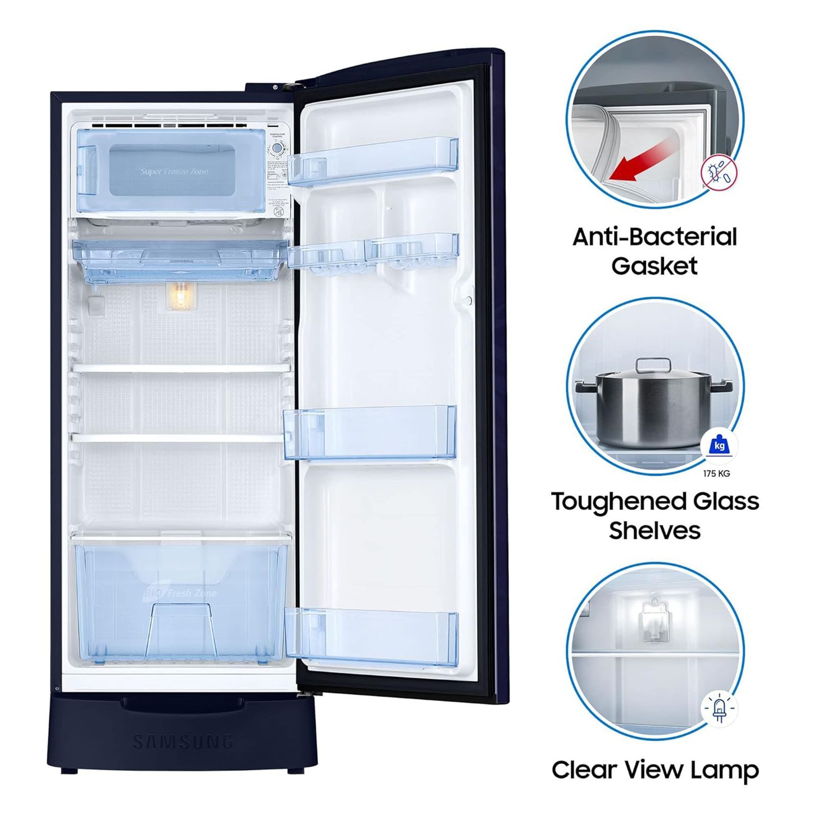 SAMSUNG Stylish Crown 192 Litres 2 Star Direct Cool Single Door Refrigerator with Base Stand Drawer (RR19A2Z2B6U/NL, Mystic Overlay Blue)_16