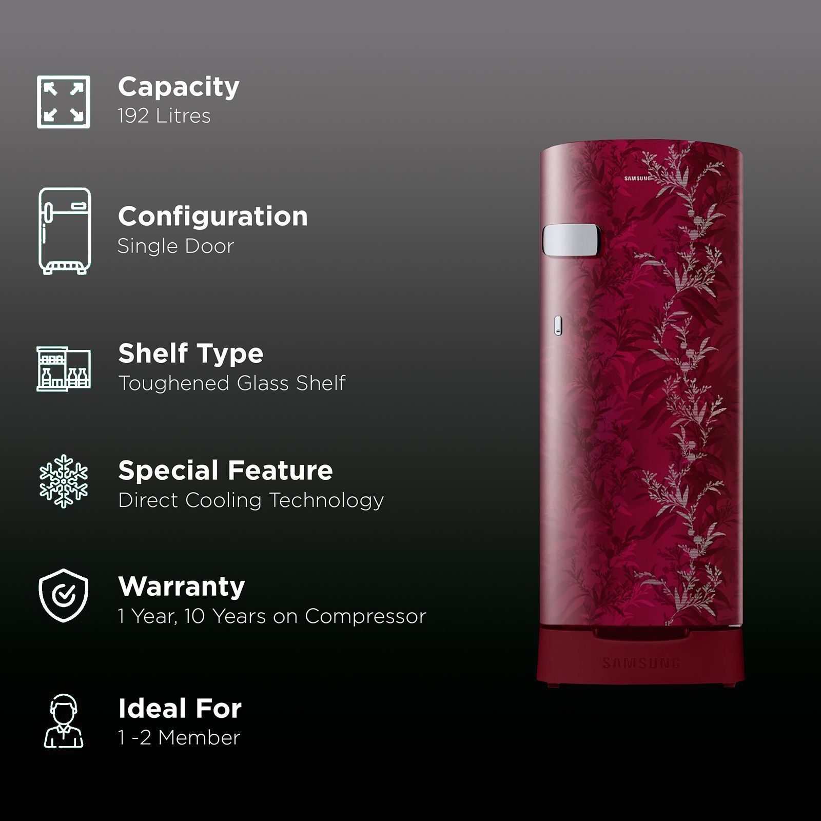 SAMSUNG Stylish Crown 192 Litres 2 Star Direct Cool Single Door Refrigerator with Base Stand Drawer (RR19A2Z2B6R/NL, Mystic Overlay Red)_2