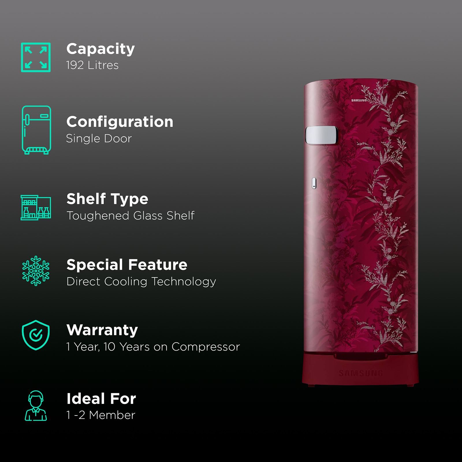 SAMSUNG Stylish Crown 192 Litres 2 Star Direct Cool Single Door Refrigerator with Base Stand Drawer (RR19A2Z2B6R/NL, Mystic Overlay Red)_2