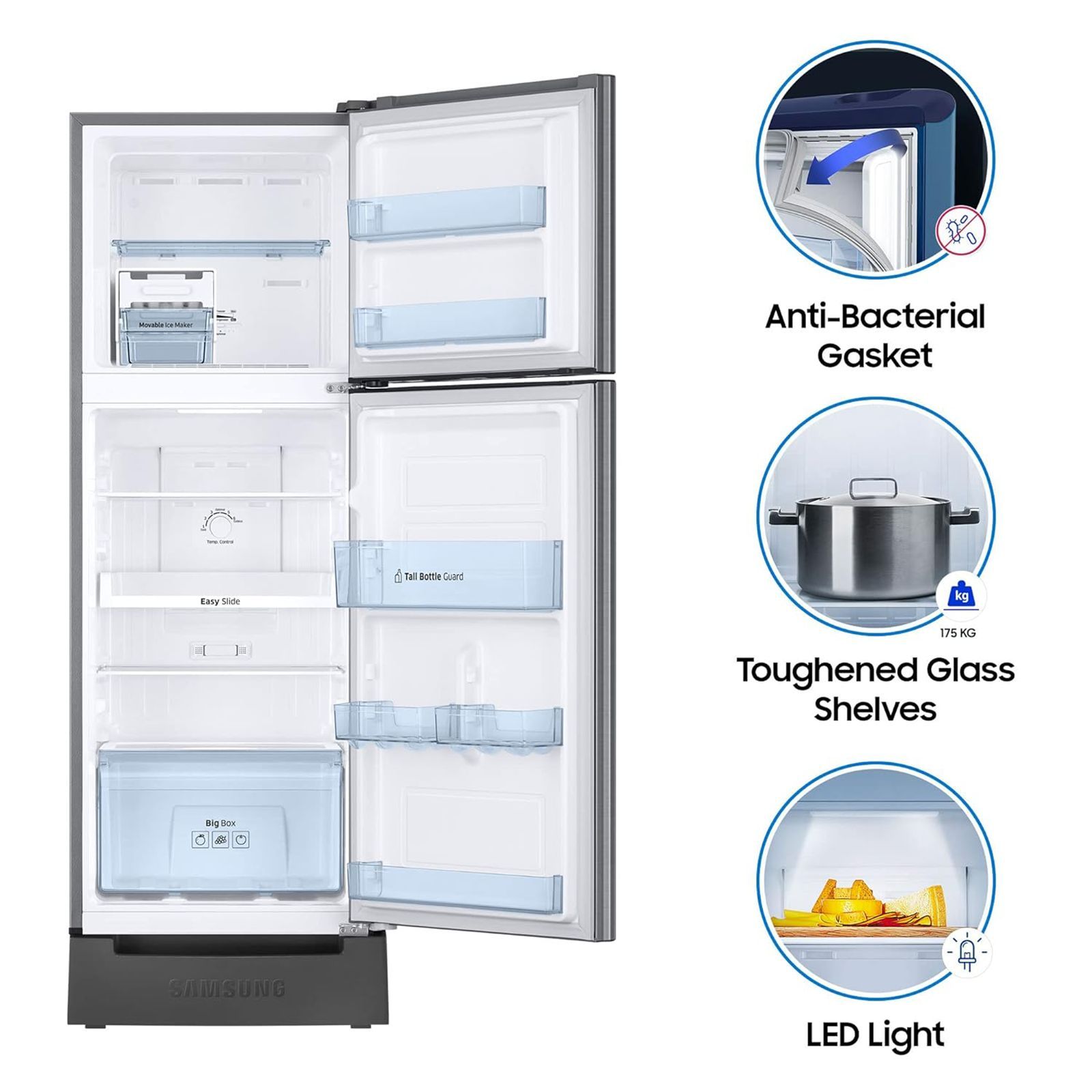 SAMSUNG 253 Litres 2 Star Frost Free Double Door Refrigerator with Base Stand Drawer (RT28T3122S8/HL, Elegant Inox)_14