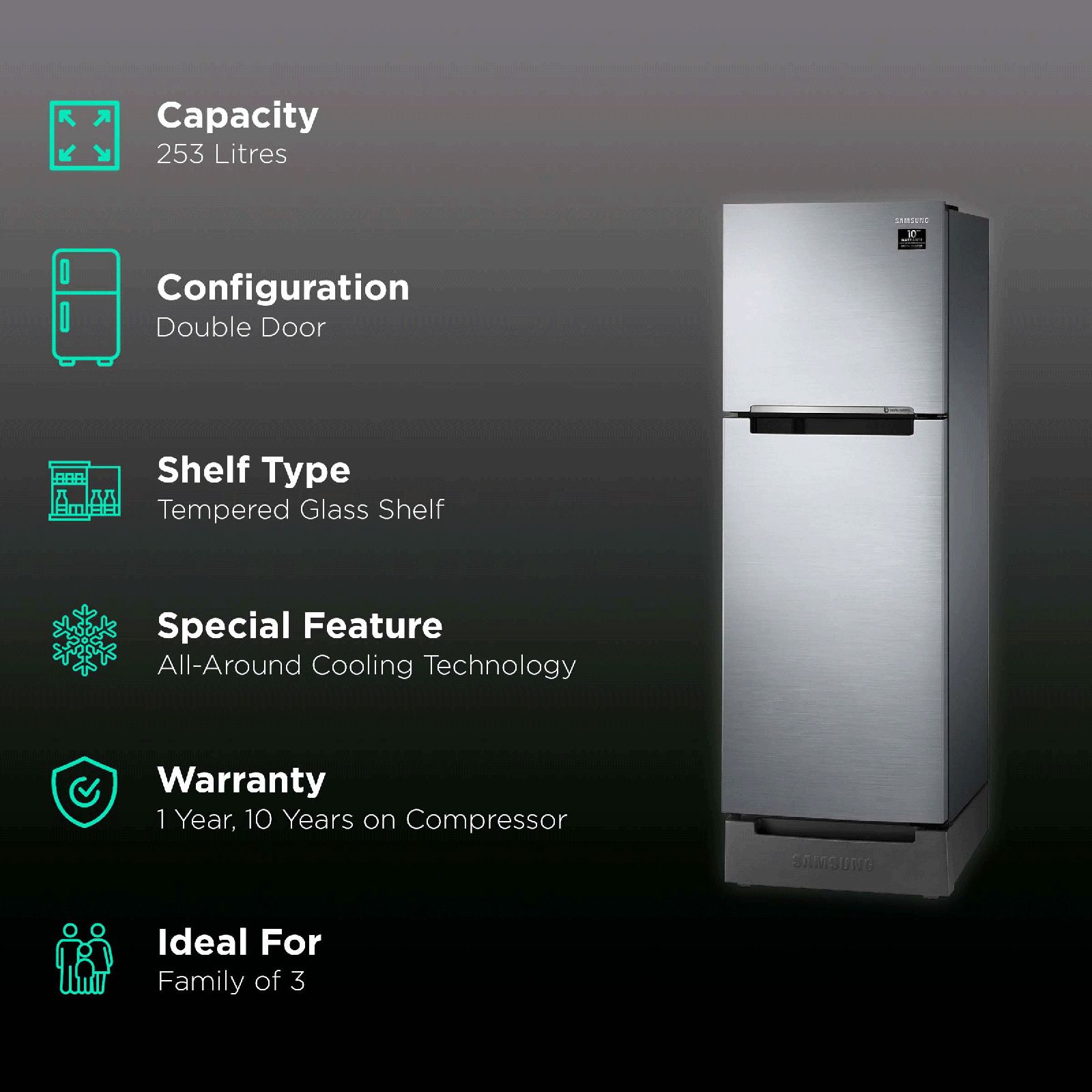 SAMSUNG 253 Litres 2 Star Frost Free Double Door Refrigerator with Base Stand Drawer (RT28T3122S8/HL, Elegant Inox)_2