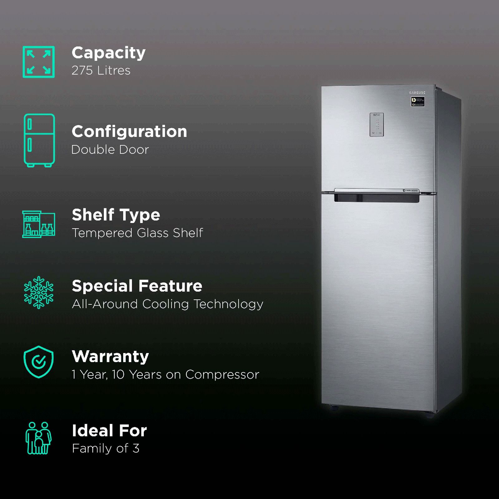 SAMSUNG 275 Litres 3 Star Frost Free Double Door Refrigerator with Multi Air Flow System (RT30T3443S9/HL, Refined Inox)_2