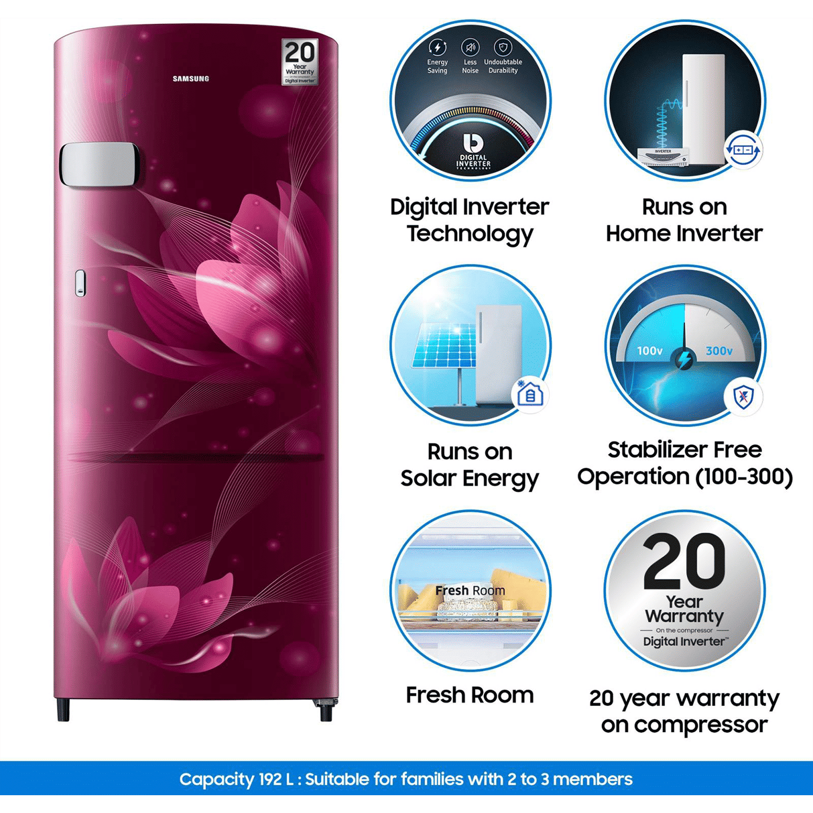 SAMSUNG Stylish Grande 192 Litres 3 Star Direct Cool Single Door Refrigerator with Anti-Bacterial Gasket (RR20A1Y2YR8/HL, Blooming Saffron Red)_10