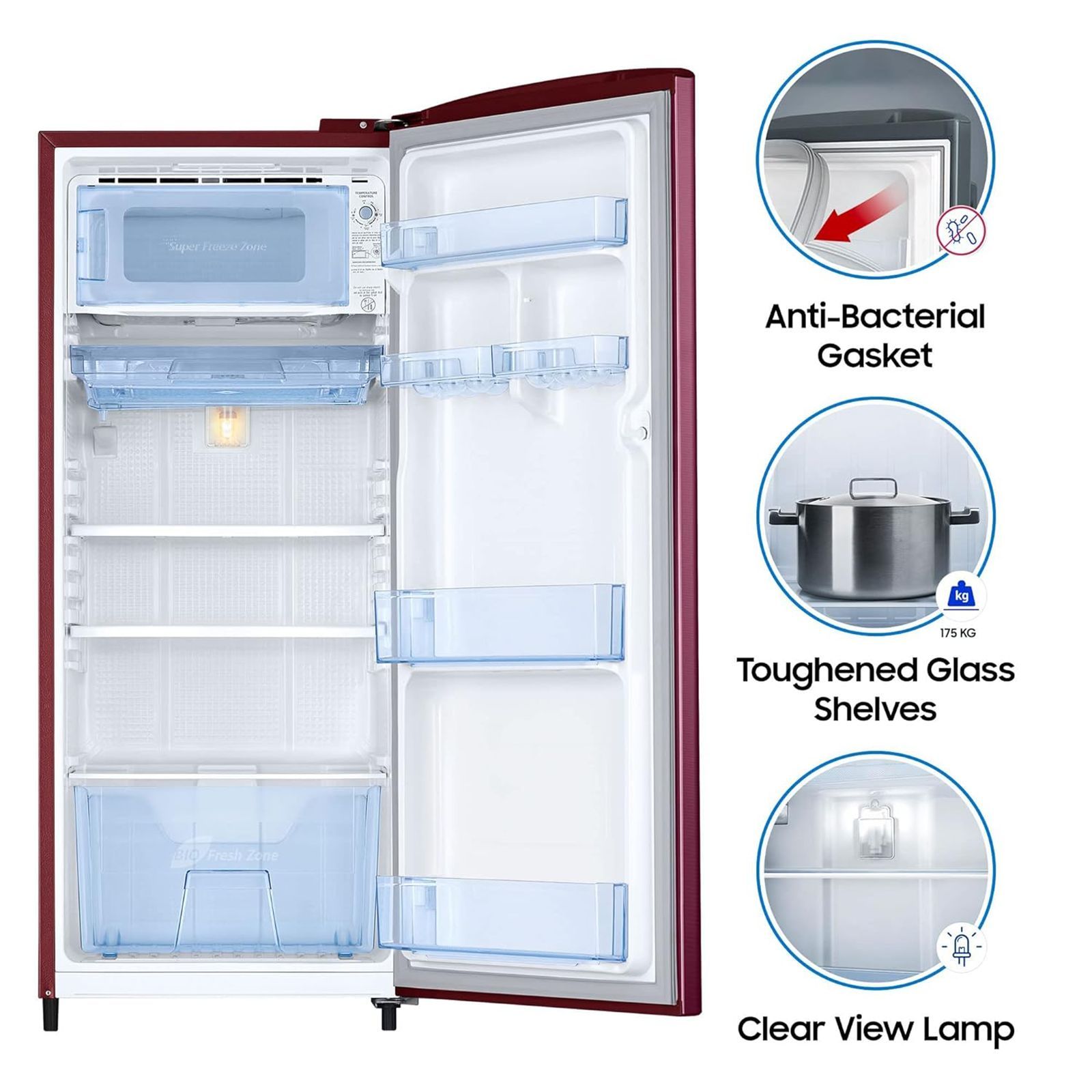 SAMSUNG Stylish Grande 192 Litres 3 Star Direct Cool Single Door Refrigerator with Anti-Bacterial Gasket (RR20A1Y2YR8/HL, Blooming Saffron Red)_12