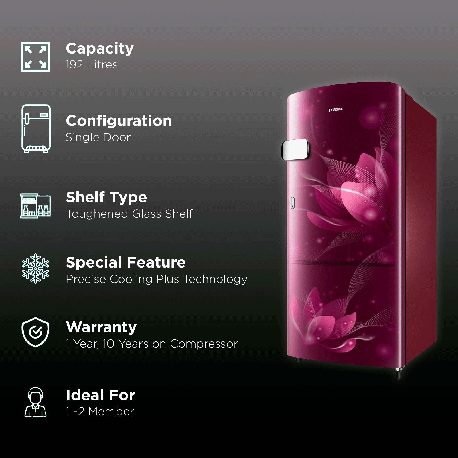 SAMSUNG Stylish Grande 192 Litres 3 Star Direct Cool Single Door Refrigerator with Anti-Bacterial Gasket (RR20A1Y2YR8/HL, Blooming Saffron Red) SAMSUNG Stylish Grande 192 Litres 3 Star Direct Cool Single Door Refrigerator with Anti-Bacterial Gasket (RR20A1Y2YR8/HL, Blooming Saffron Red)_2