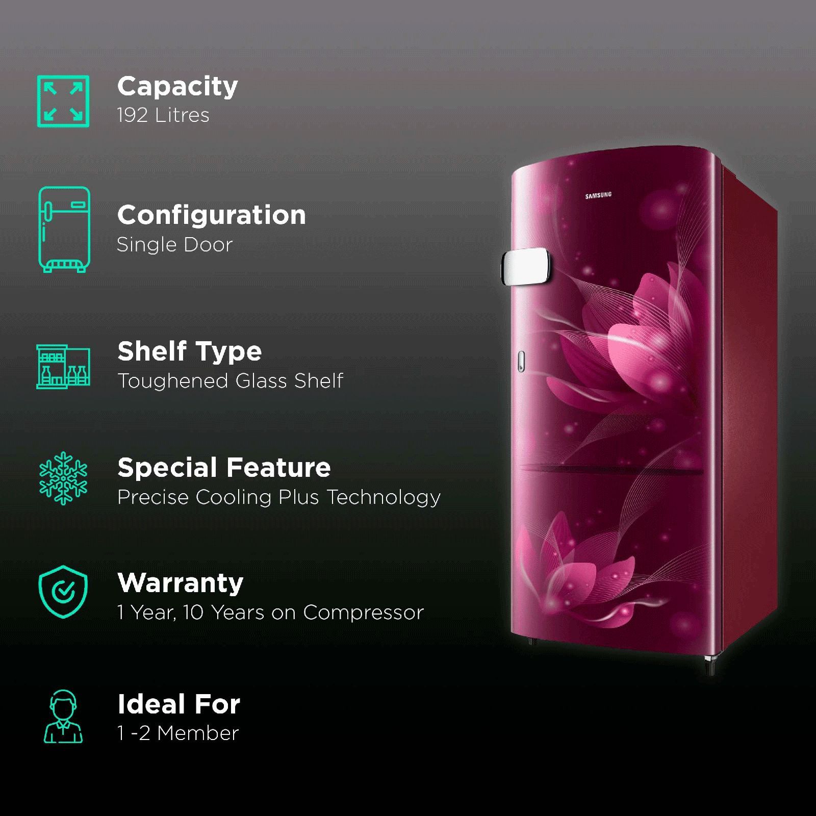 SAMSUNG Stylish Grande 192 Litres 3 Star Direct Cool Single Door Refrigerator with Anti-Bacterial Gasket (RR20A1Y2YR8/HL, Blooming Saffron Red)_2