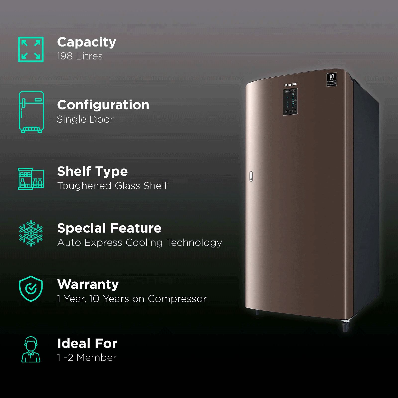 SAMSUNG Digi-Touch Cool 198 Litres 4 Star Direct Cool Single Door Refrigerator with Auto Express Cooling (RR21A2C2XDX/HL, Luxe Brown)_2
