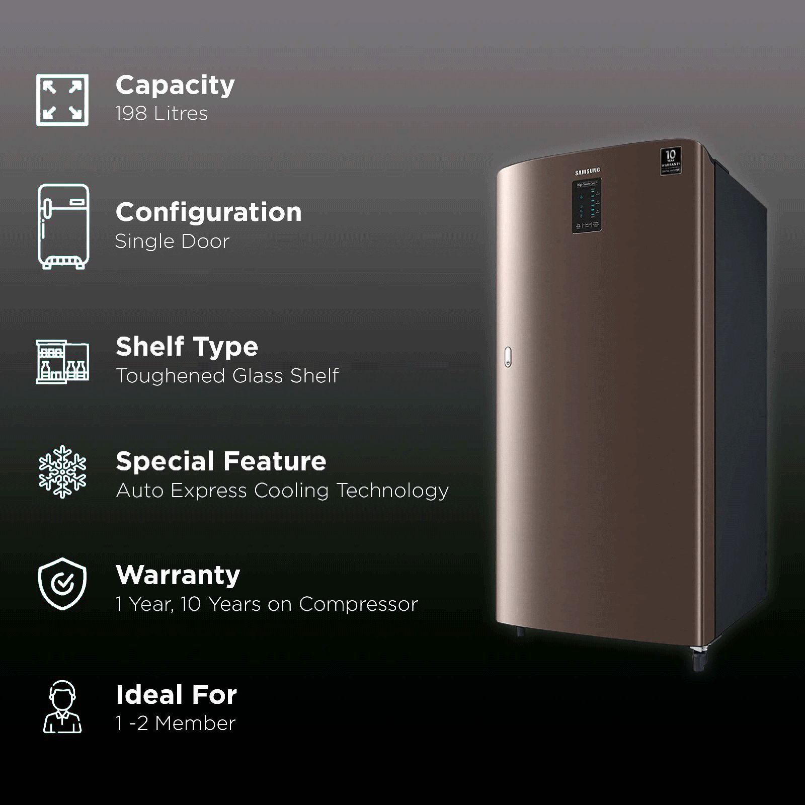 SAMSUNG Digi-Touch Cool 198 Litres 4 Star Direct Cool Single Door Refrigerator with Auto Express Cooling (RR21A2C2XDX/HL, Luxe Brown)_2