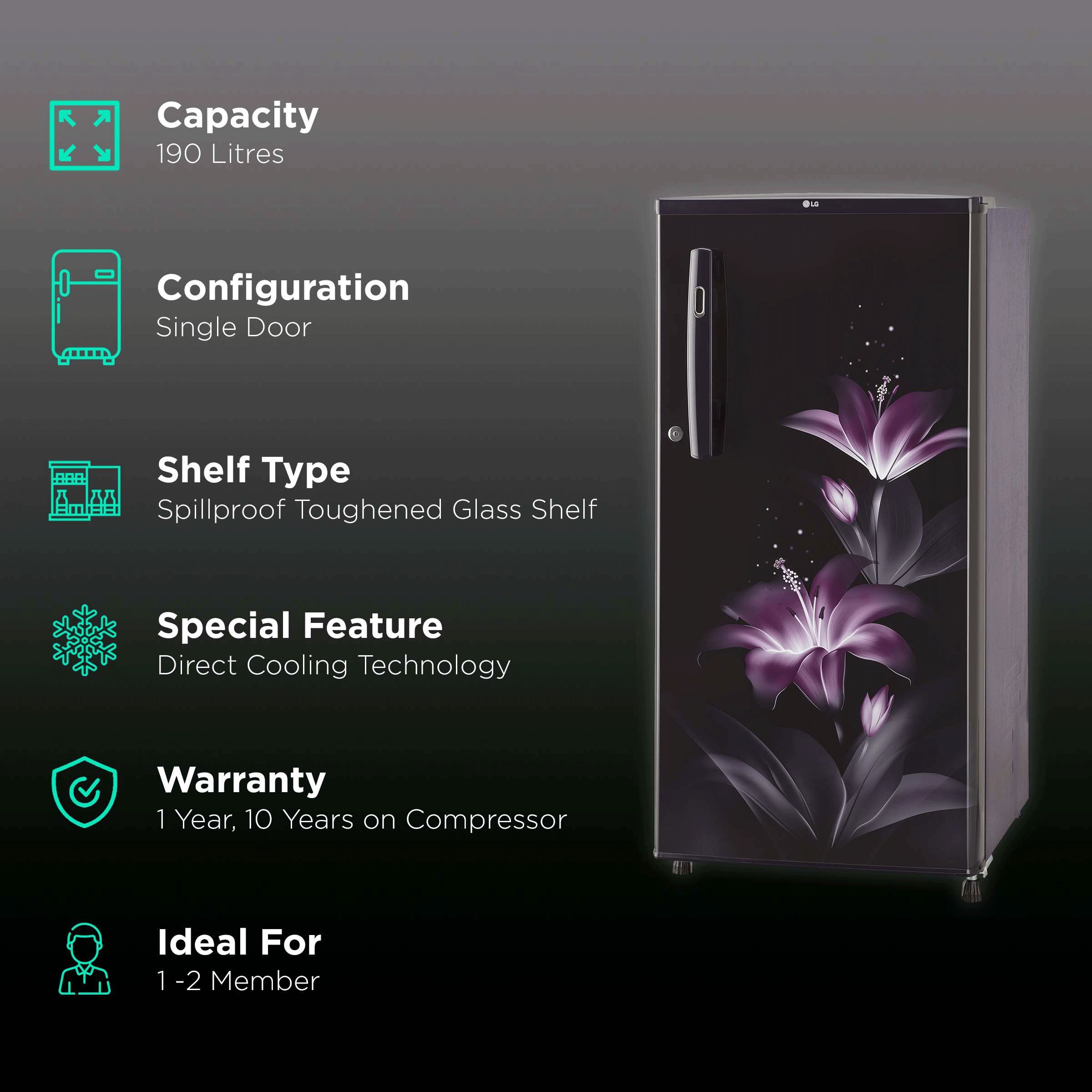 LG 185 Litres 1 Star Direct Cool Single Door Refrigerator with Stabilizer Free Operation (GL-B199OPGB, Purple Glow)_2