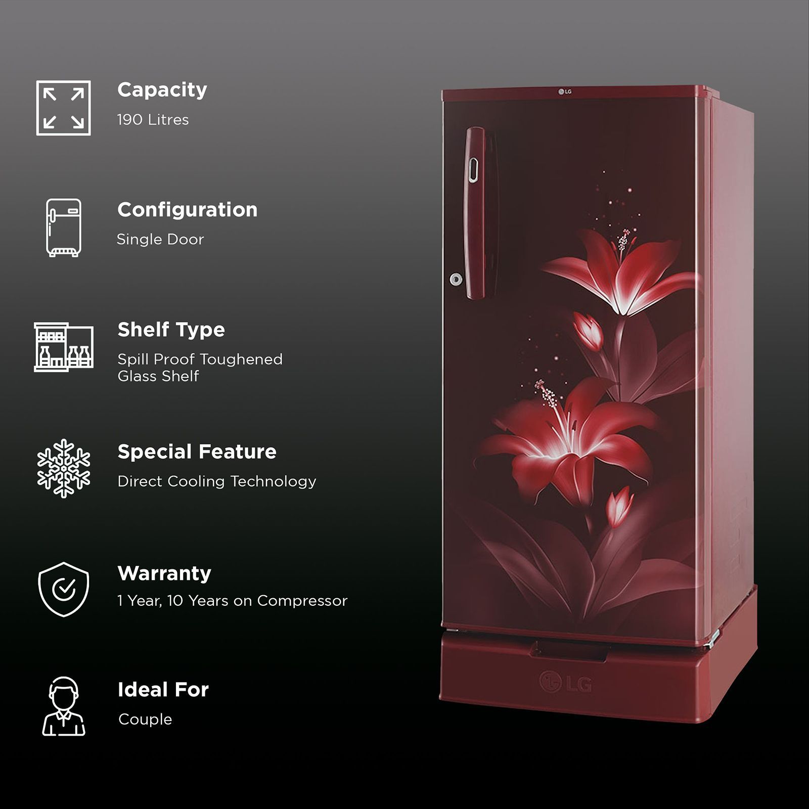 LG 185 Litres 1 Star Direct Cool Single Door Refrigerator with Multi Air Flow System (GL-D199ORGB, Ruby Glow)_2