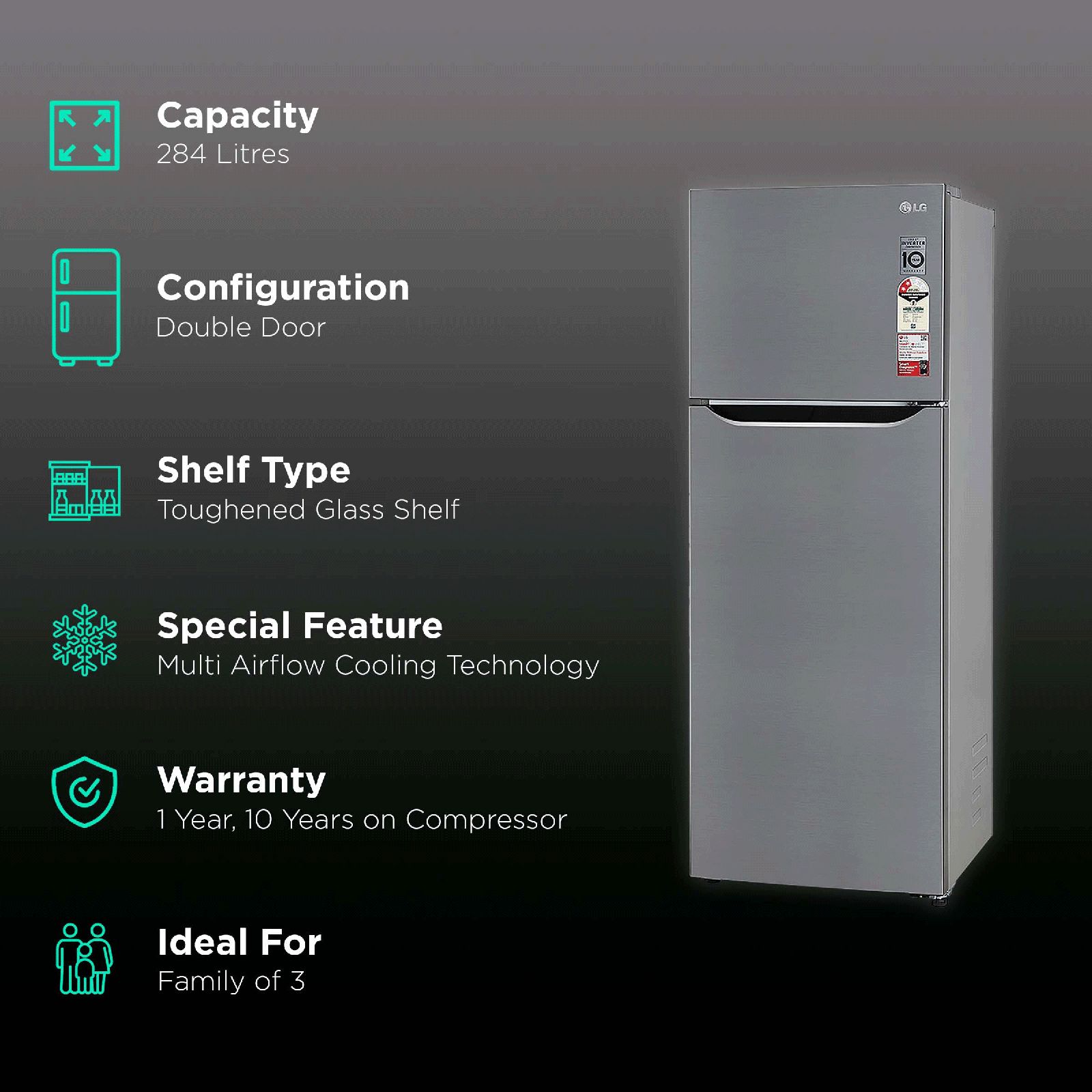 LG 264 Litres 2 Star Frost Free Double Door Convertible Refrigerator with Multi Air Flow System (GL-S302SPZY, Shiny Steel) LG 264 Litres 2 Star Frost Free Double Door Convertible Refrigerator with Multi Air Flow System (GL-S302SPZY, Shiny Steel)_2