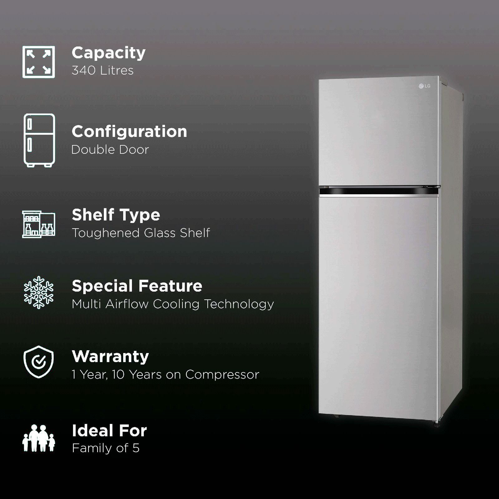 LG 322 Litres 2 Star Frost Free Double Door Convertible Refrigerator with Multi Air Flow System (GL-S342SPZY, Shiny Steel)_2
