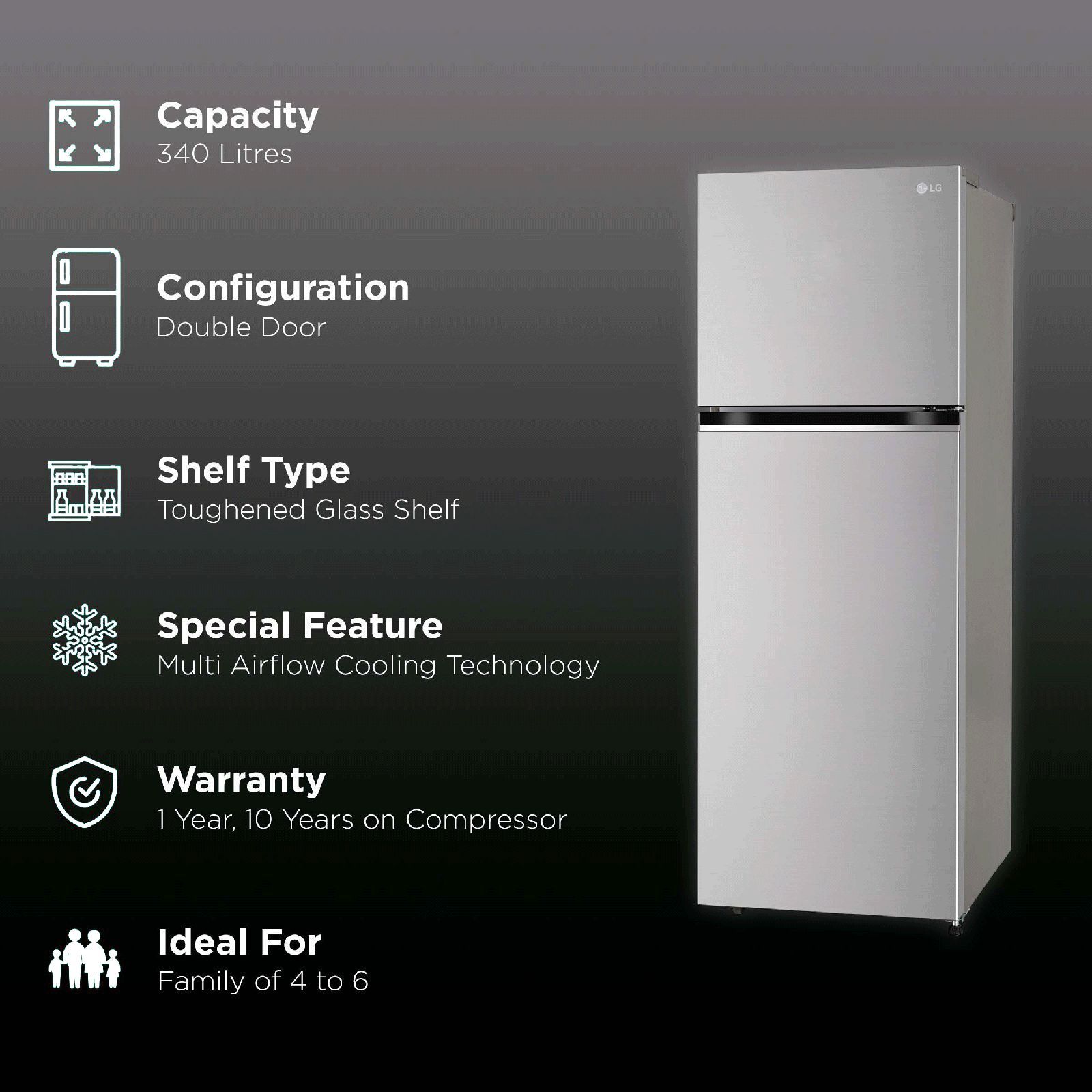 LG 322 Litres 2 Star Frost Free Double Door Convertible Refrigerator with Multi Air Flow System (GL-S342SPZY, Shiny Steel)_2