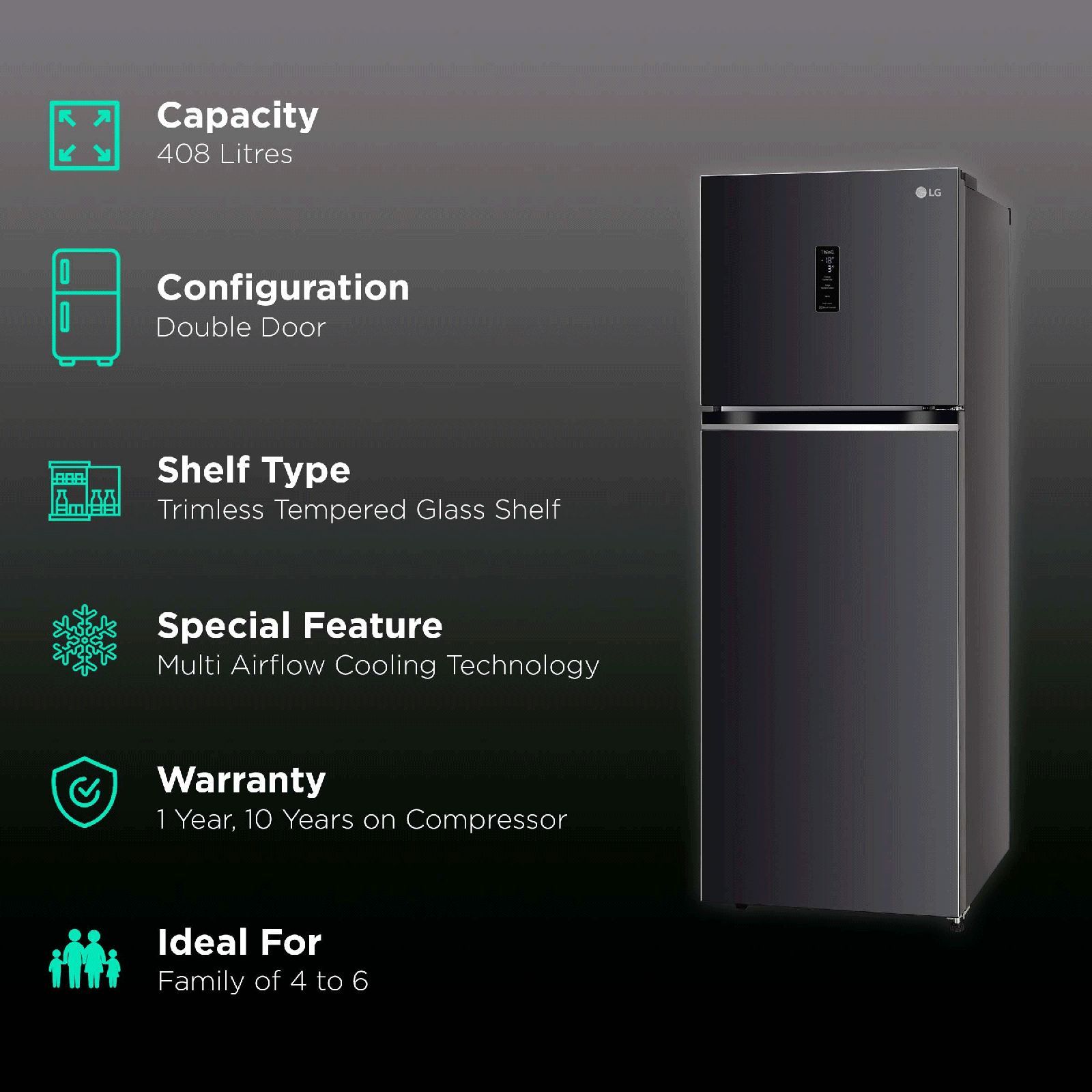 LG 322 Litres 3 Star Frost Free Double Door Smart Wi-Fi Enabled Refrigerator with Multi Air Flow System (GL-T342VESX, Ebony Sheen)_2