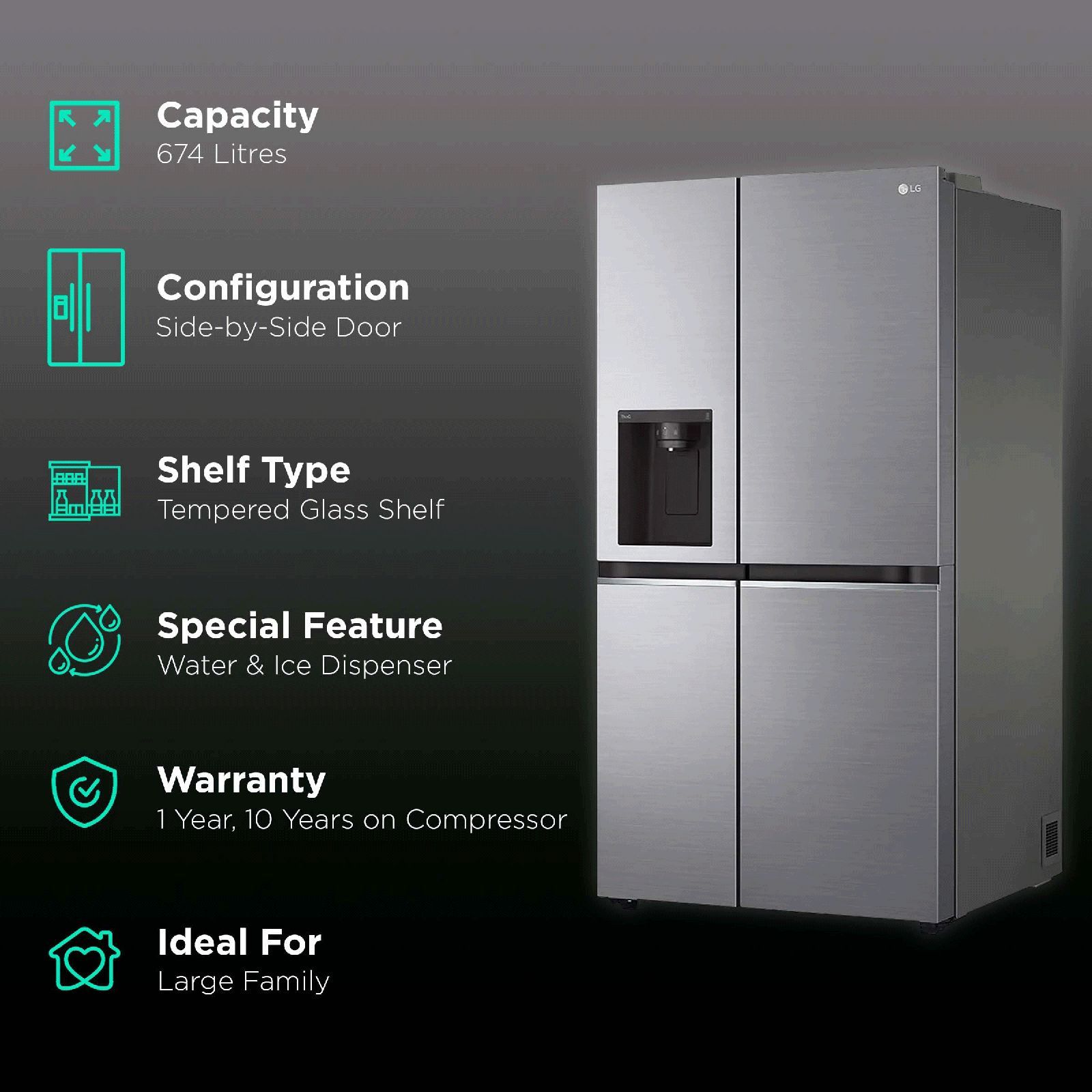 LG 635 Litres Frost Free Side by Side Door Smart Wi-Fi Enabled Refrigerator with Water & Ice Dispenser (GC-L257SL4L.APZQEB, Platinum Silver III)_2