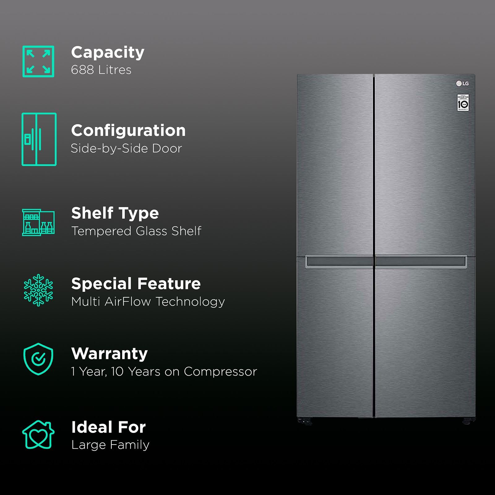LG 688 Litres Frost Free Side by Side Refrigerator with Door Cooling Plus Technology (GC-B257KQDV.ADSQEB, Dazzle Steel) LG 688 Litres Frost Free Side by Side Refrigerator with Door Cooling Plus Technology (GC-B257KQDV.ADSQEB, Dazzle Steel)_2