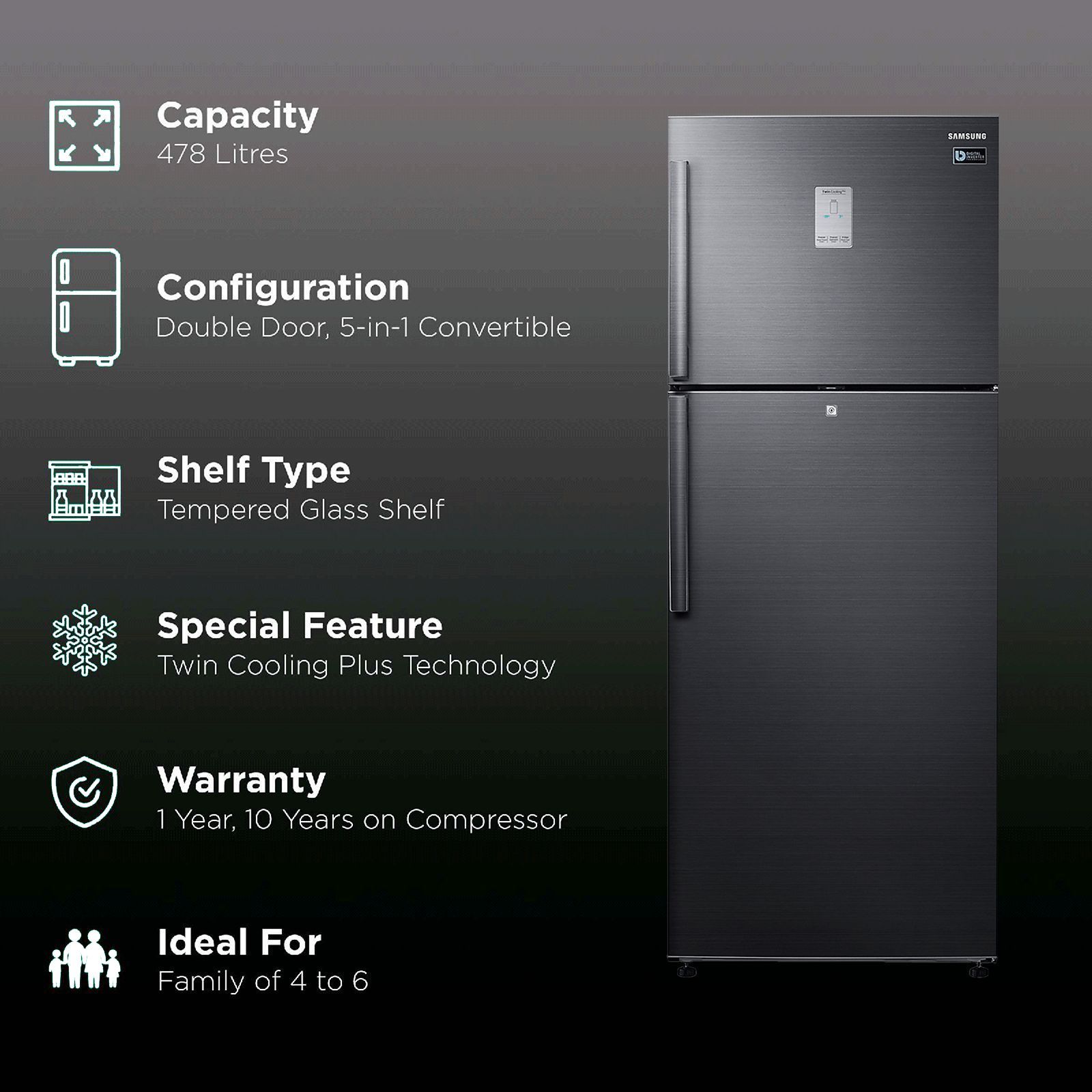 SAMSUNG 478 Litres 2 Star Frost Free Double Door Convertible Refrigerator with Coolpack 12 Hours (RT49B6338BS/TL, Black Inox)_2