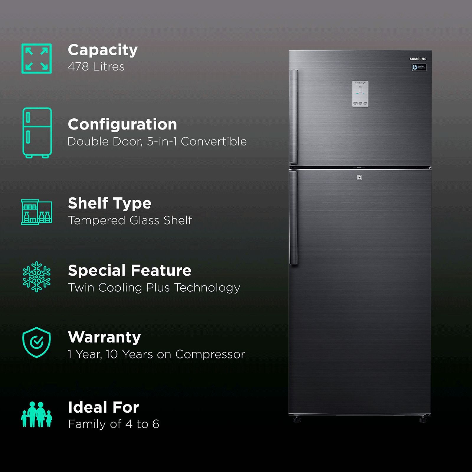 SAMSUNG 478 Litres 2 Star Frost Free Double Door Convertible Refrigerator with Coolpack 12 Hours (RT49B6338BS/TL, Black Inox)_2