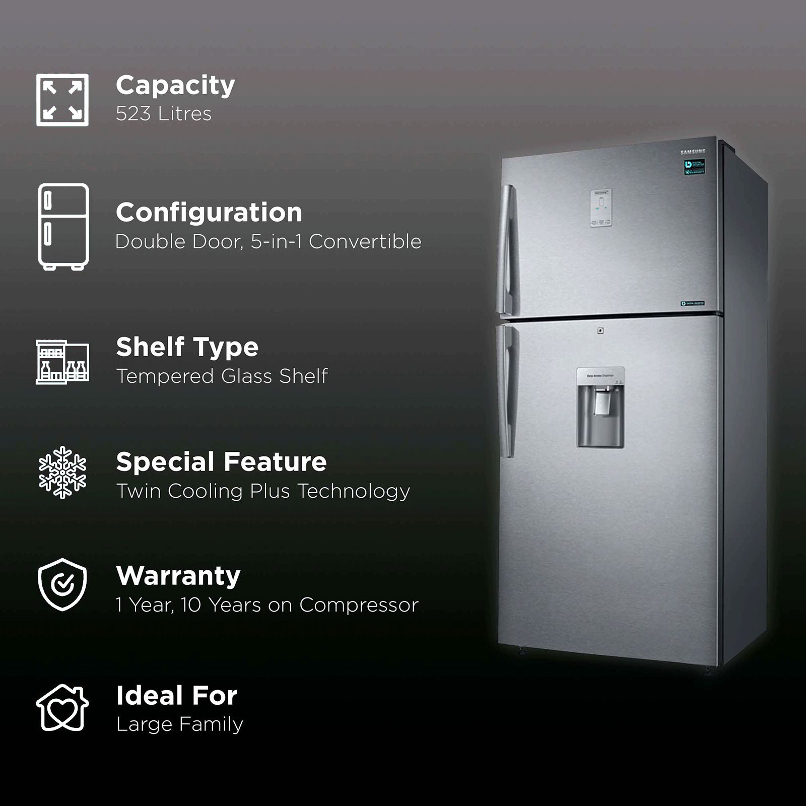 SAMSUNG 523 Litres 2 Star Frost Free Double Door Convertible Refrigerator with Water Dispenser (RT54B6558SL/TL, Real Stainless) SAMSUNG 523 Litres 2 Star Frost Free Double Door Convertible Refrigerator with Water Dispenser (RT54B6558SL/TL, Real Stainless)_2