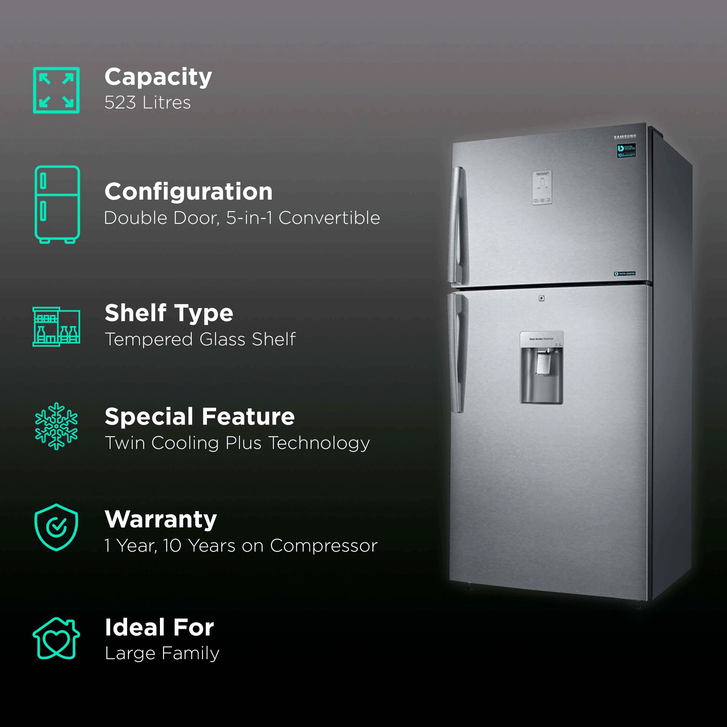 SAMSUNG 523 Litres 2 Star Frost Free Double Door Convertible Refrigerator with Water Dispenser (RT54B6558SL/TL, Real Stainless) SAMSUNG 523 Litres 2 Star Frost Free Double Door Convertible Refrigerator with Water Dispenser (RT54B6558SL/TL, Real Stainless)_2