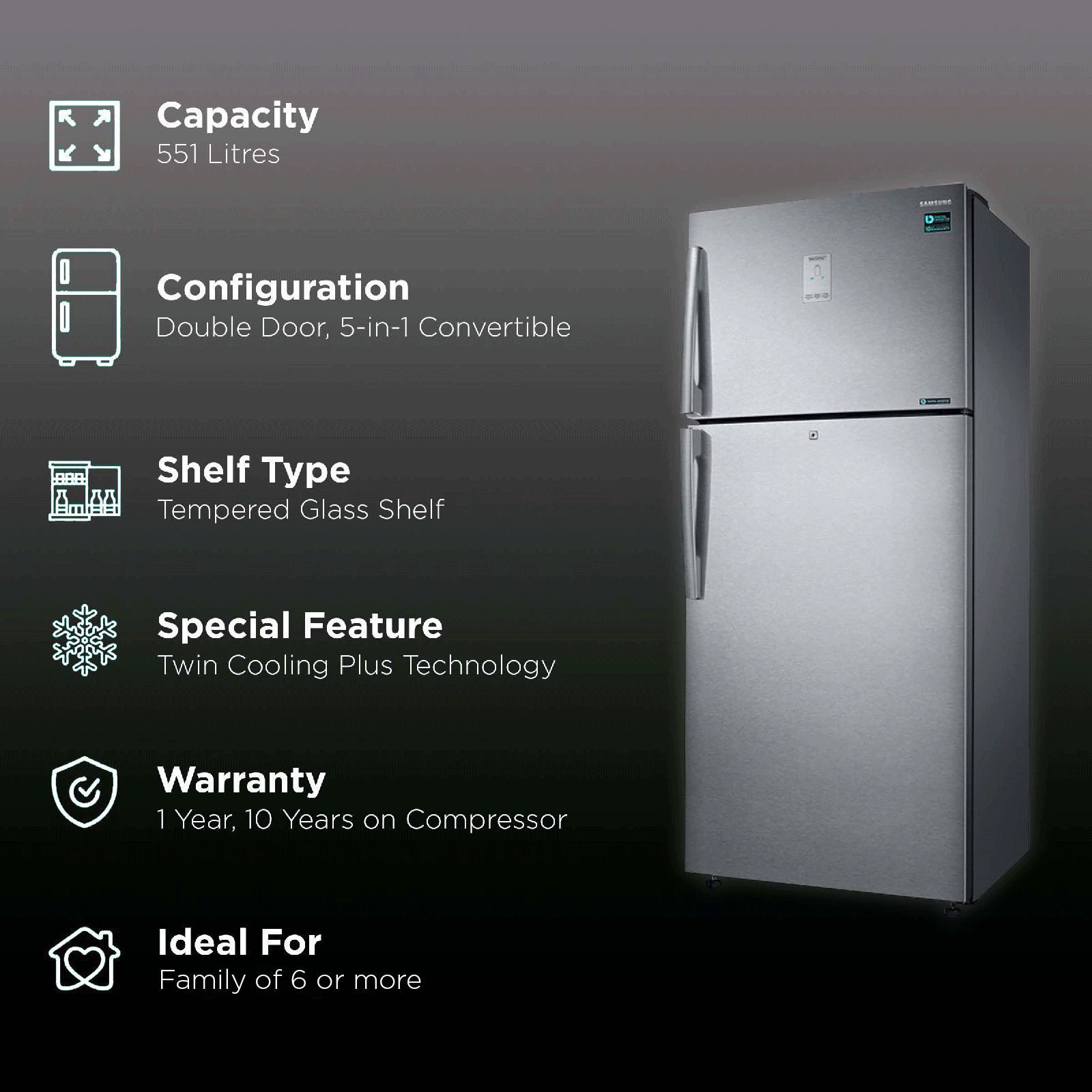 SAMSUNG 551 Litres 2 Star Frost Free Double Door Convertible Refrigerator with Multi Air Flow System (RT56B6378SL/TL, Real Stainless)_2