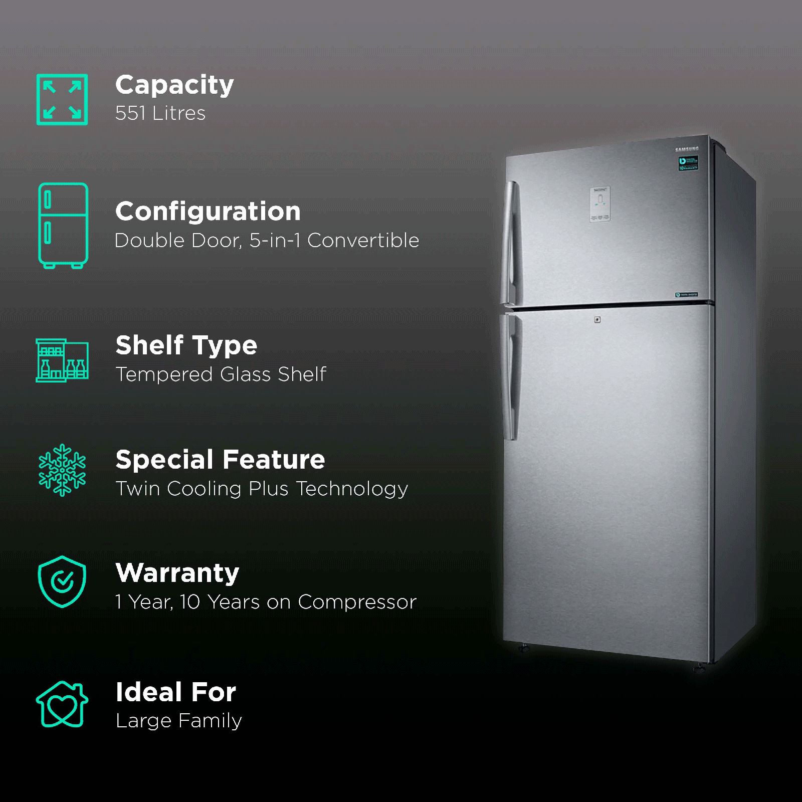 SAMSUNG 551 Litres 2 Star Frost Free Double Door Convertible Refrigerator with Multi Air Flow System (RT56B6378SL/TL, Real Stainless) SAMSUNG 551 Litres 2 Star Frost Free Double Door Convertible Refrigerator with Multi Air Flow System (RT56B6378SL/TL, Real Stainless)_2