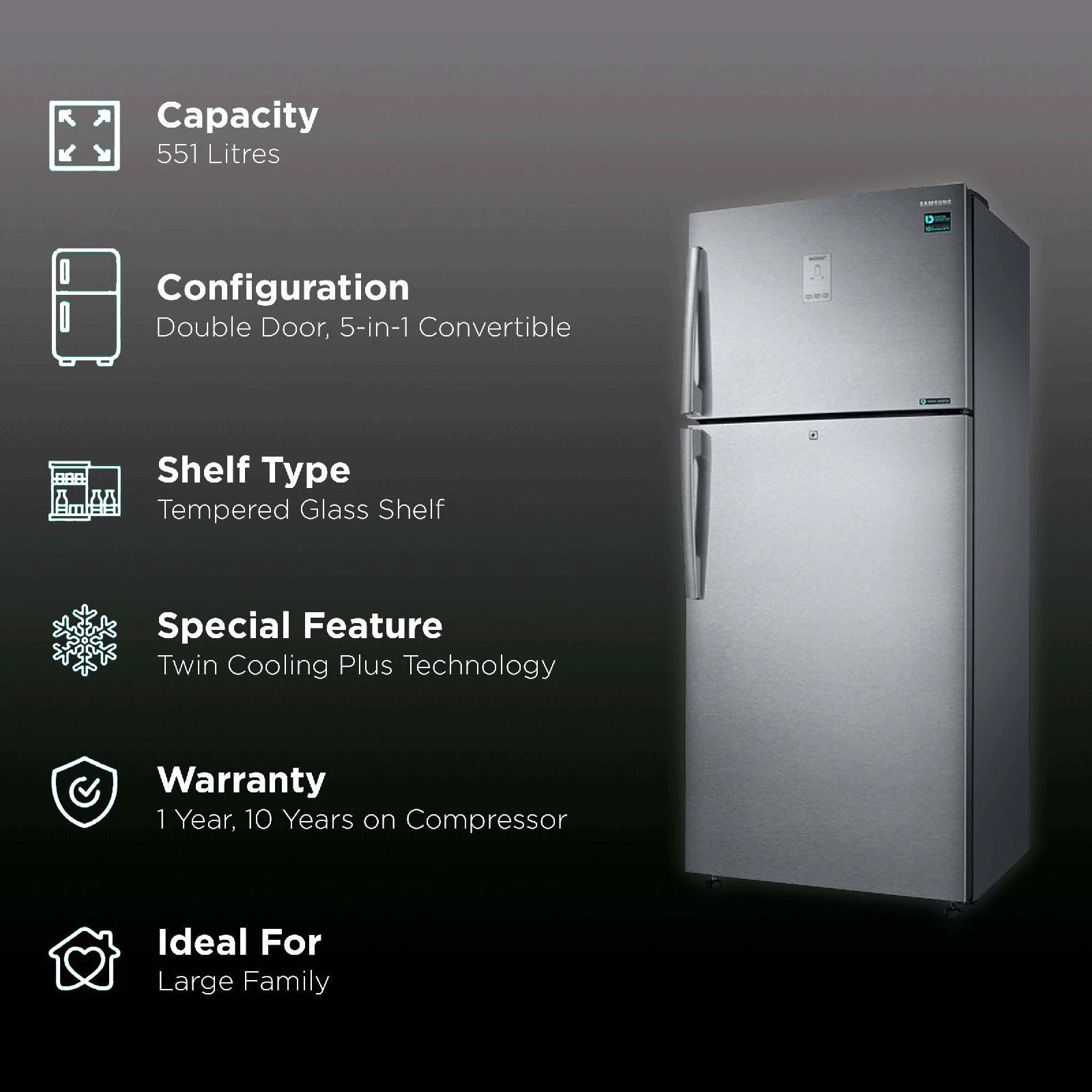 SAMSUNG 551 Litres 2 Star Frost Free Double Door Convertible Refrigerator with Multi Air Flow System (RT56B6378SL/TL, Real Stainless)_2