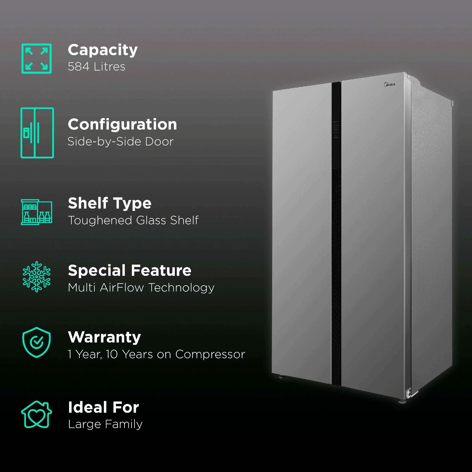 Midea 584 Litres Frost Free Side by Side Refrigerator with Anti-Bacterial Gasket (MRFS5920SSLF, Silver)_2
