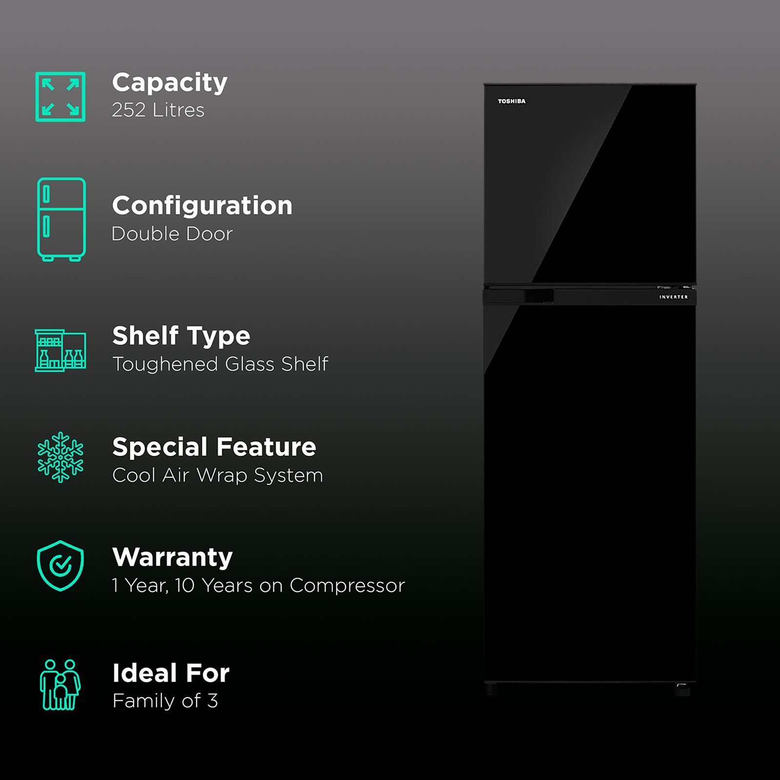 TOSHIBA 252 Litres 2 Star Frost Free Double Door Refrigerator with AG+ Bio Deodorizer (GR-RT302WE-PMI, Black Uniglass) TOSHIBA 252 Litres 2 Star Frost Free Double Door Refrigerator with AG+ Bio Deodorizer (GR-RT302WE-PMI, Black Uniglass)_2