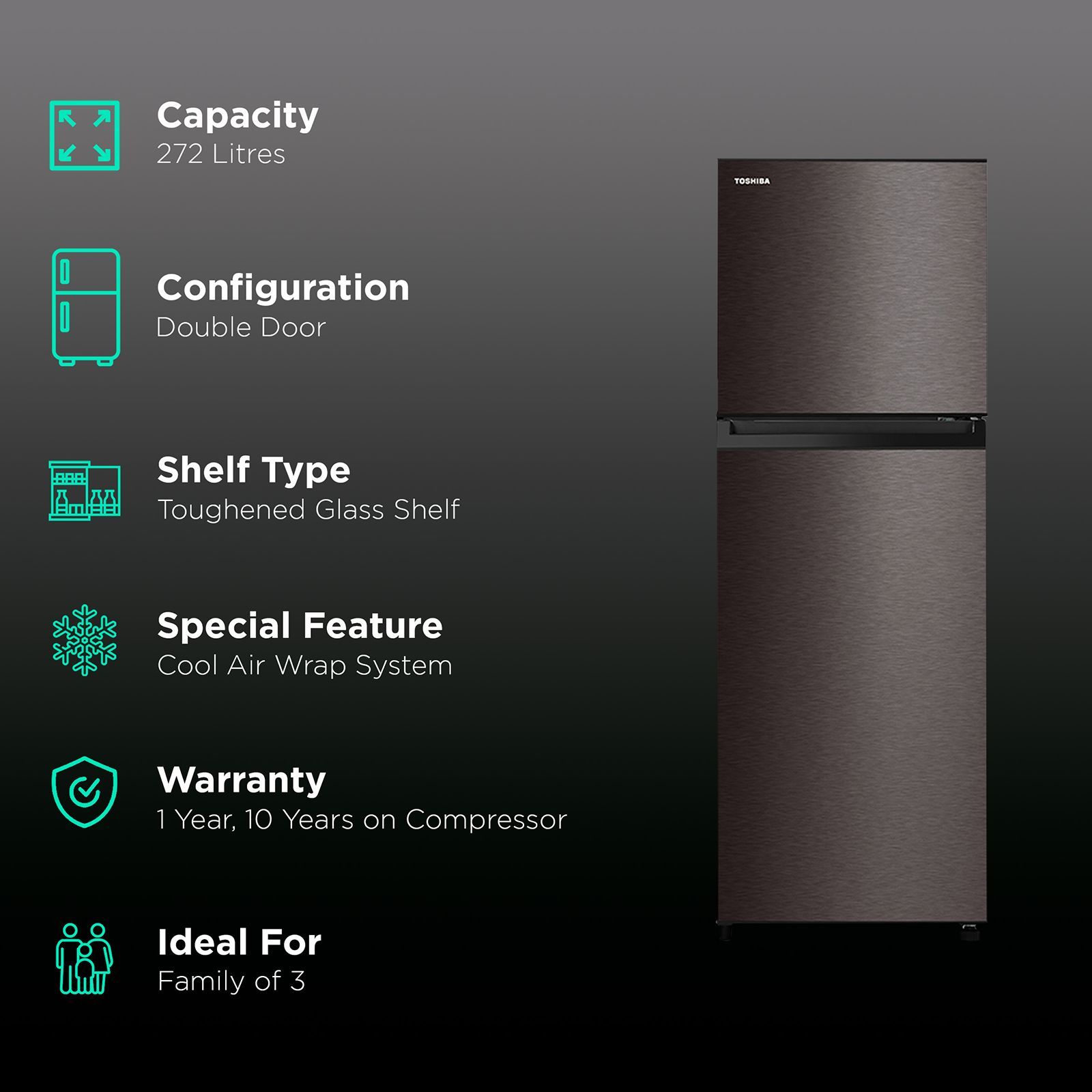 TOSHIBA 272 Litres 2 Star Frost Free Double Door Refrigerator with AG+ Bio Deodorizer (GR-RT328WE-PMI, Satin Grey)_2