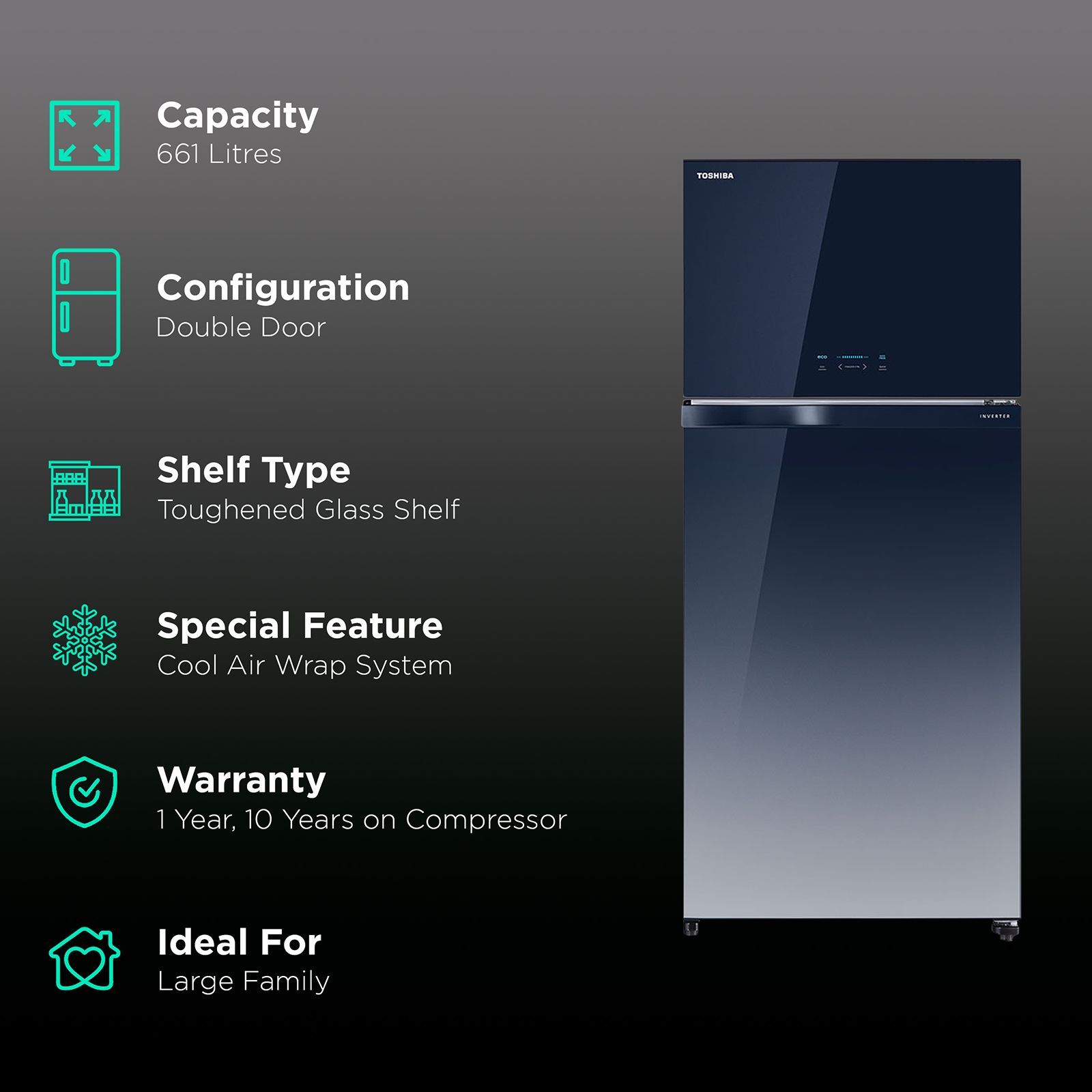 TOSHIBA 661 Litres 2 Star Frost Free Double Door Refrigerator with Automatic Ice Maker (GR-AG66INA, Gradiation Blue Glass)_2