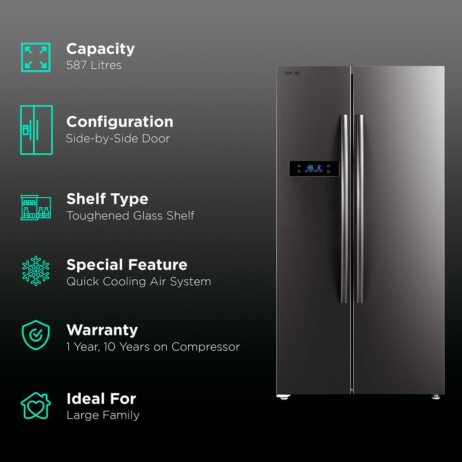 TOSHIBA 587 Litres Frost Free Side by Side Refrigerator with Quick Air Cooling System (GR-RS530WE-PMI, Fine Stainless Steel)_2