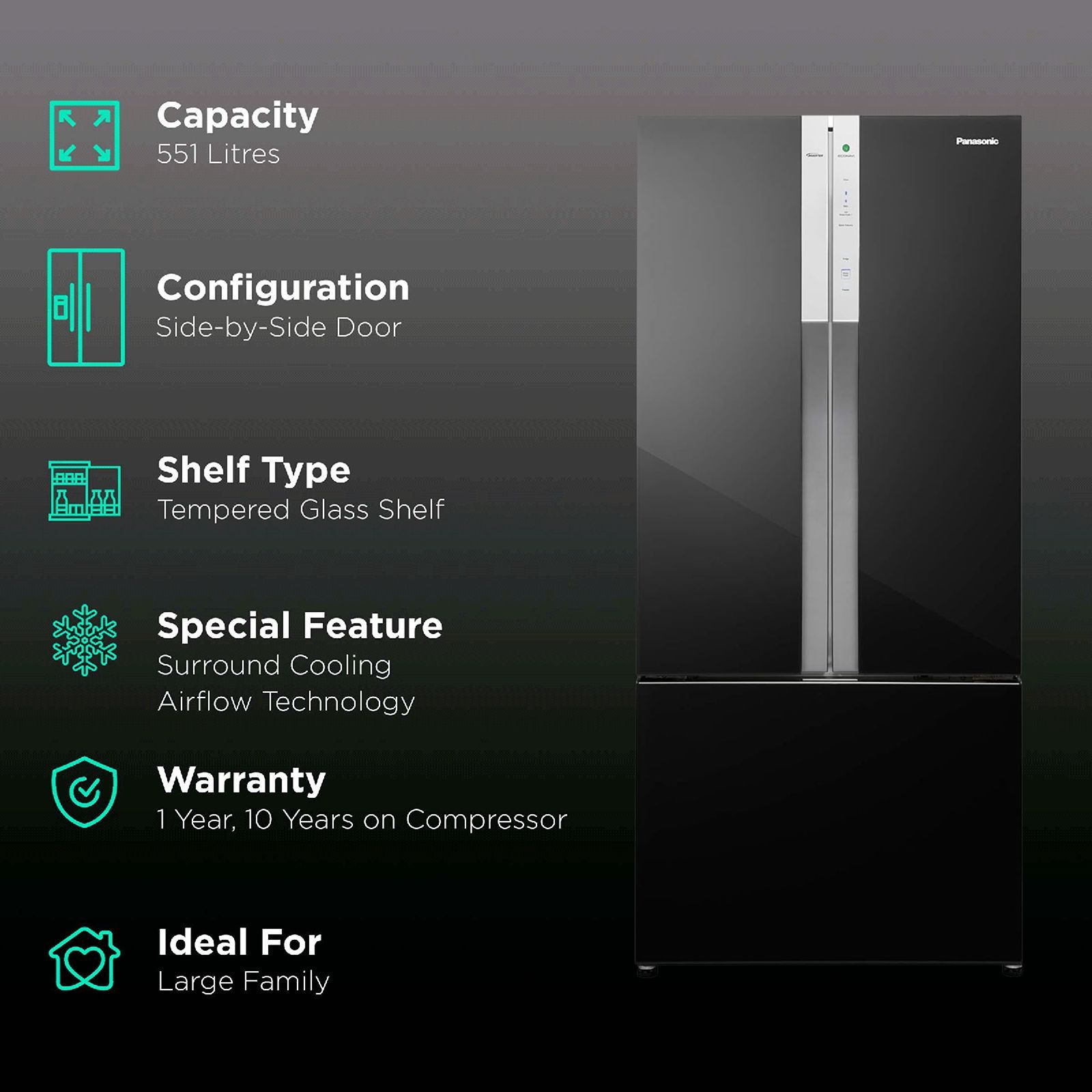 Panasonic 551 Litres 3 Star Frost Free Side by Side Refrigerator with AG Clean Technology (NR-CY550GKXZ, Black)_2